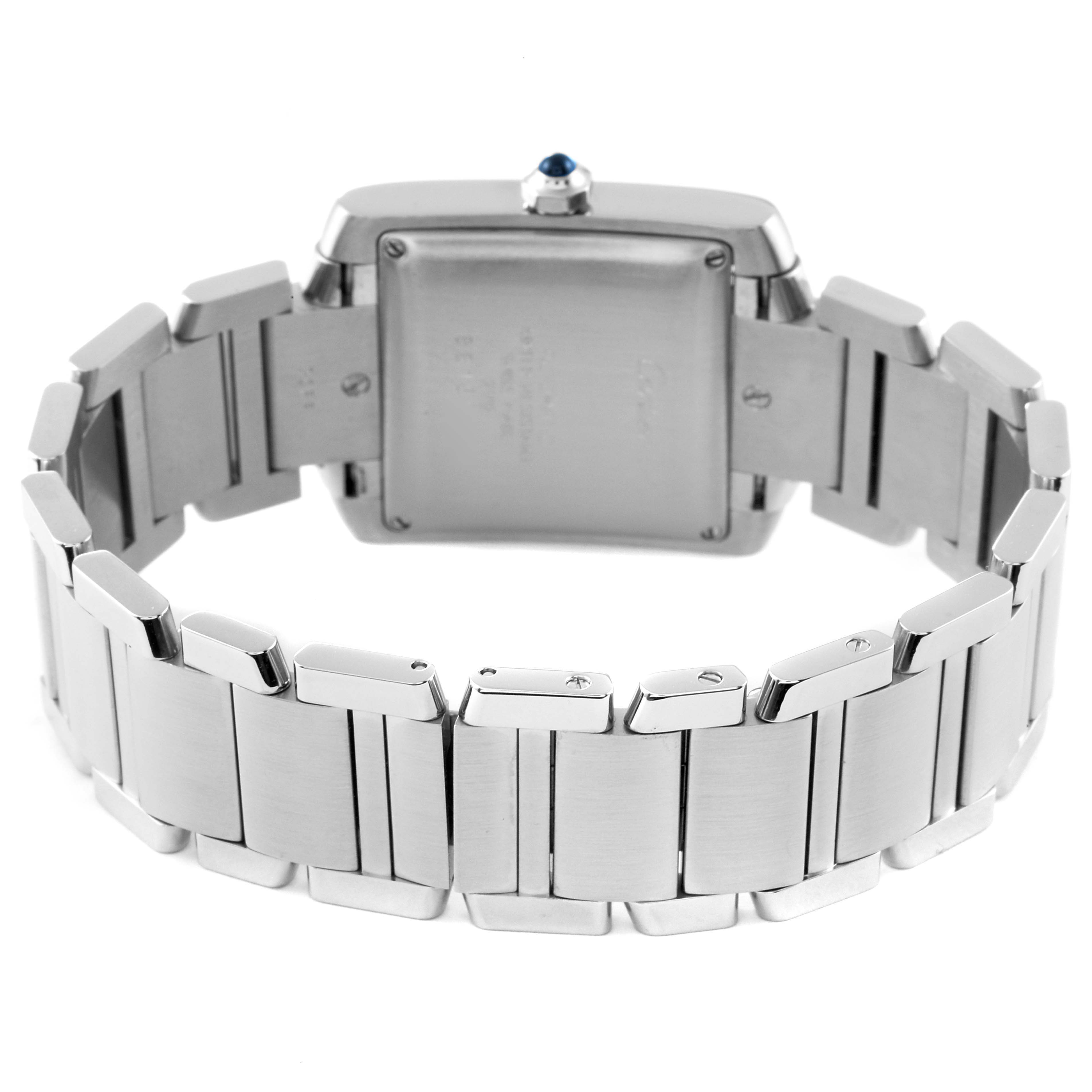 The image shows the back view of the Cartier Tank Francaise W51002Q3 Men's Stainless Steel Silver Dial W51002Q3 Men's Stainless Steel Silver Dial watch, highlighting its stainless steel bracelet and case back.