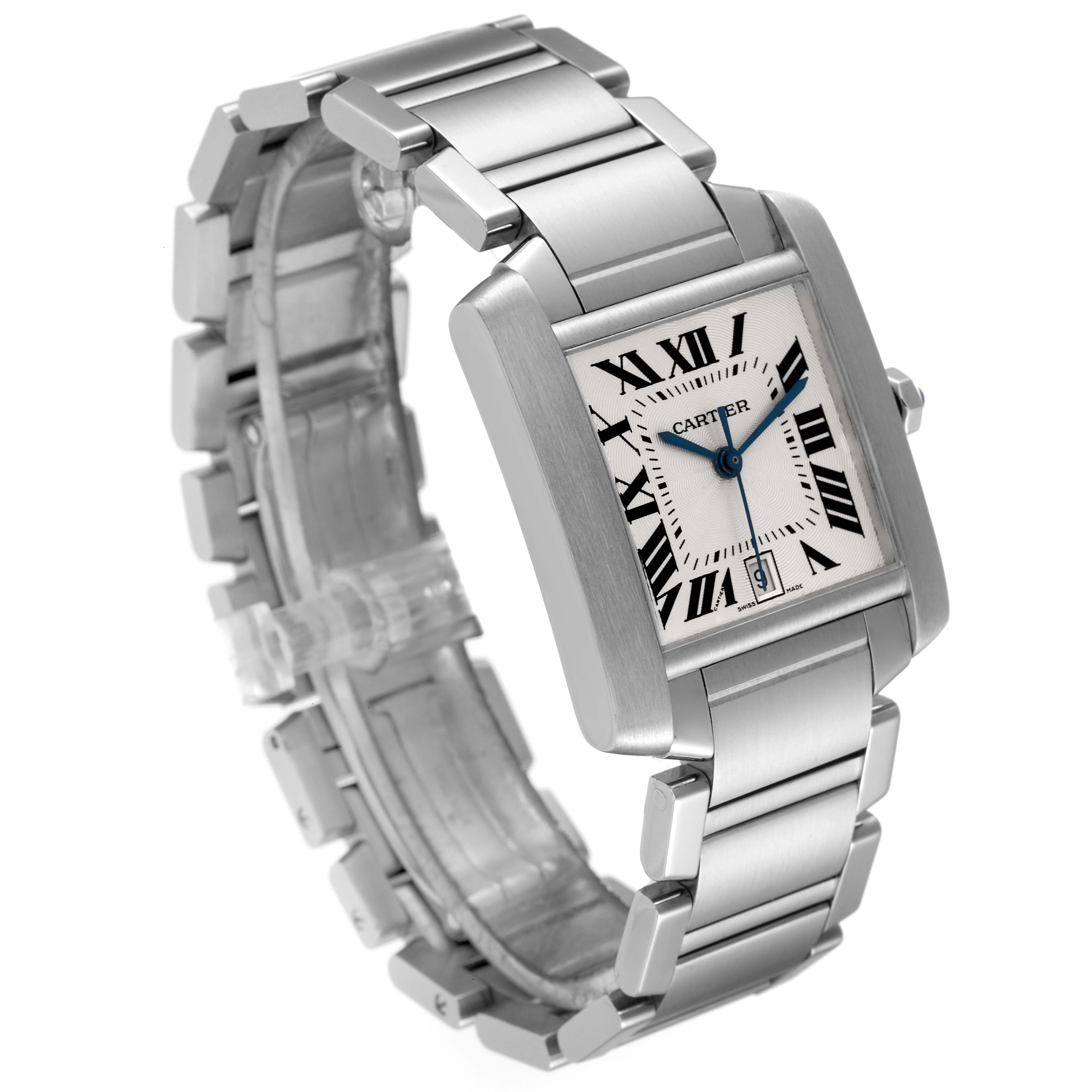 The Cartier Tank Francaise W51002Q3 Men's Stainless Steel Silver Dial W51002Q3 Men's Stainless Steel Silver Dial watch is shown from a three-quarter angle, displaying the face, case, and bracelet.