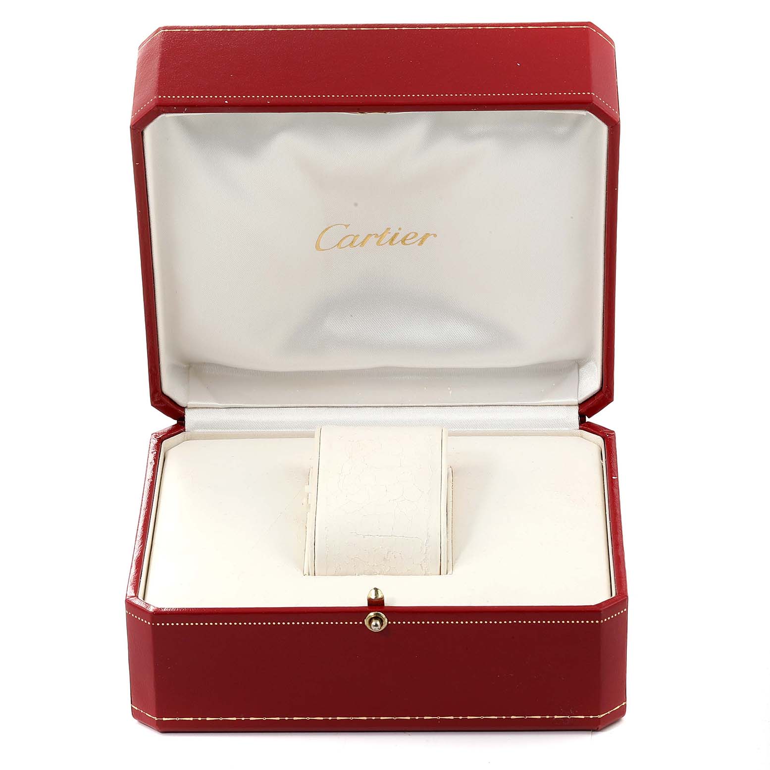 The image shows a red Cartier watch box for the Tank Francaise model, with the box open to reveal the interior and padding.