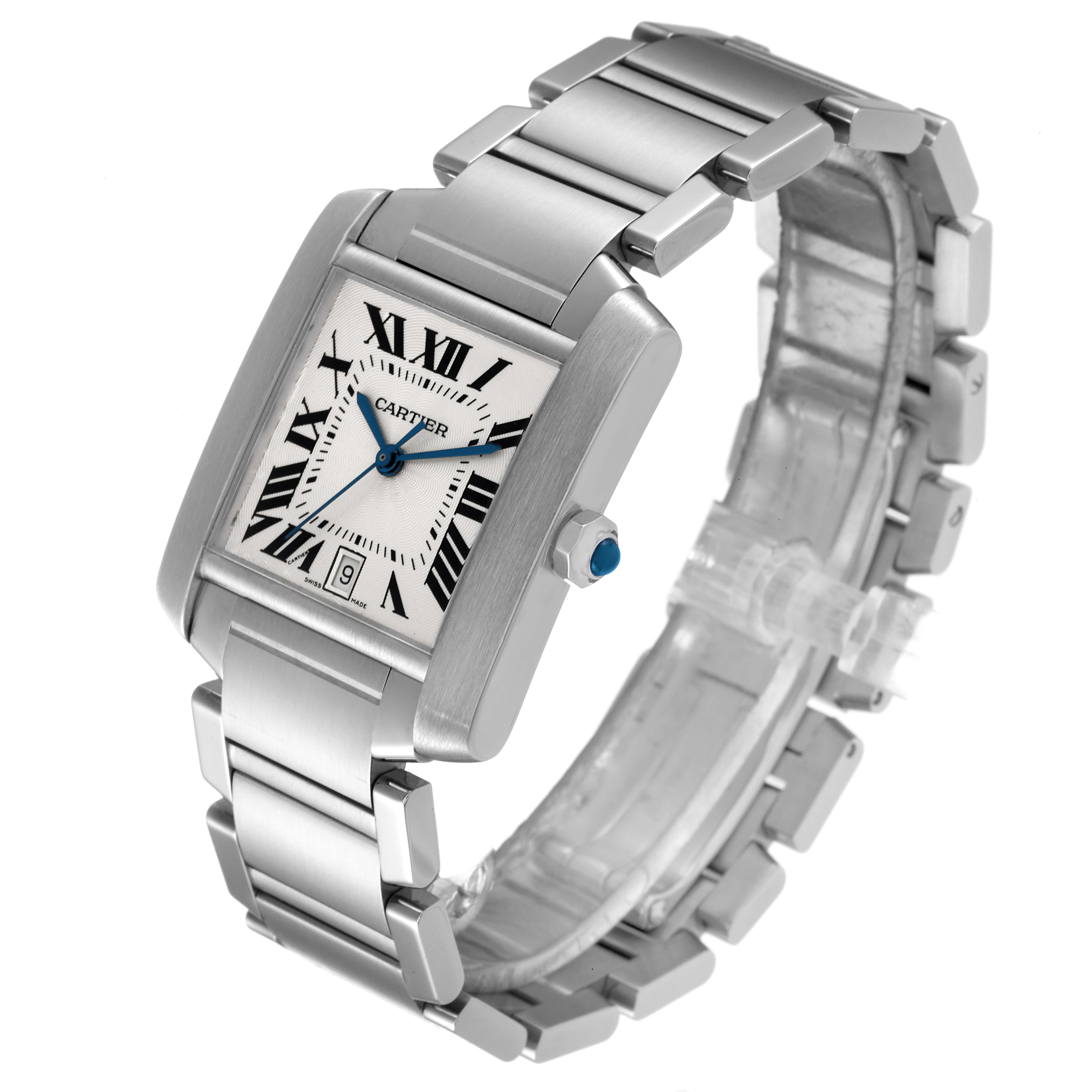 The image shows a Cartier Tank Francaise W51002Q3 Men's Stainless Steel Silver Dial W51002Q3 Men's Stainless Steel Silver Dial watch from a three-quarter angle, highlighting its face, bracelet, and crown.
