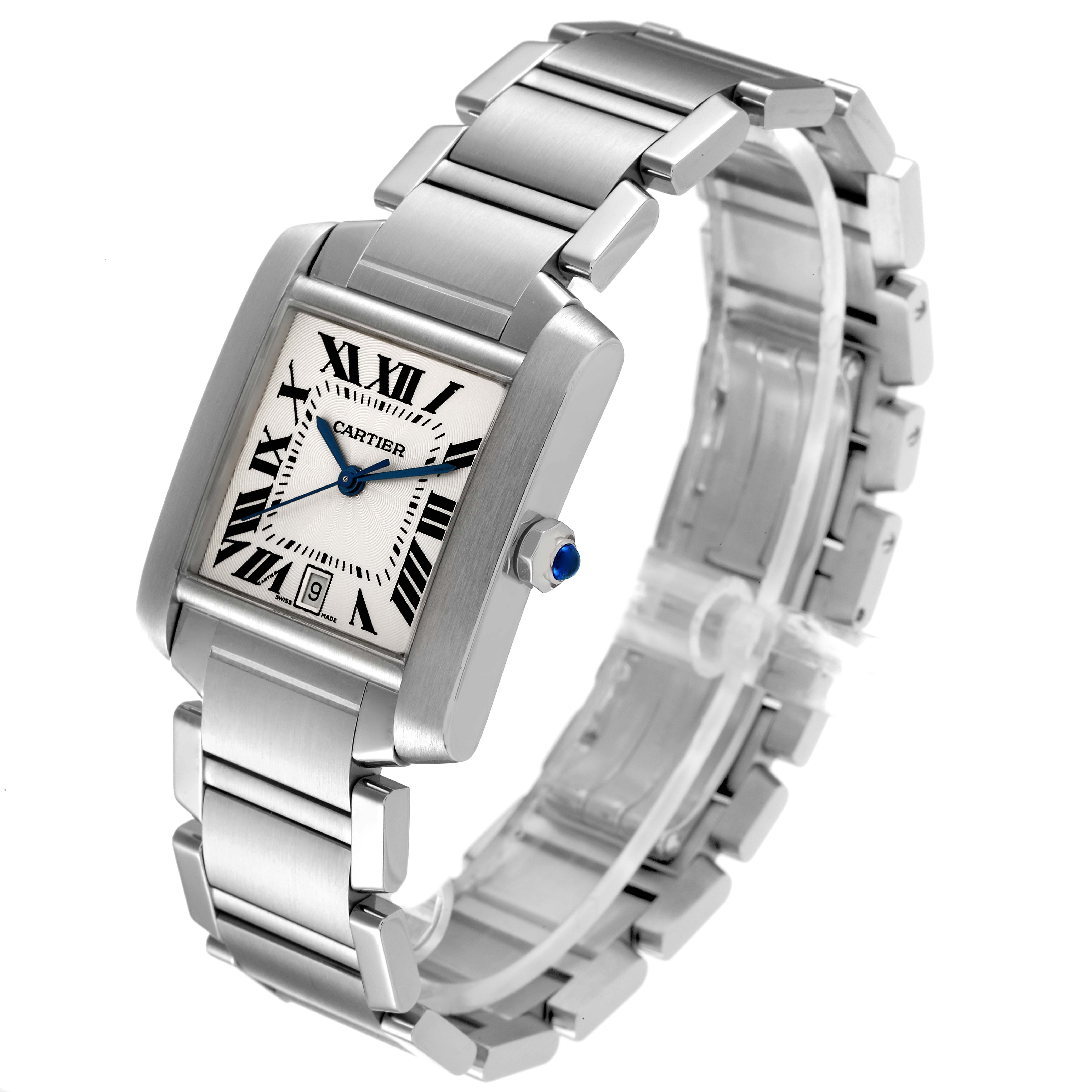 This image shows a Cartier Tank Francaise W51002Q3 Men's Stainless Steel Silver Dial W51002Q3 Men's Stainless Steel Silver Dial watch from a three-quarter angle, showcasing the face, bracelet, and side profile.