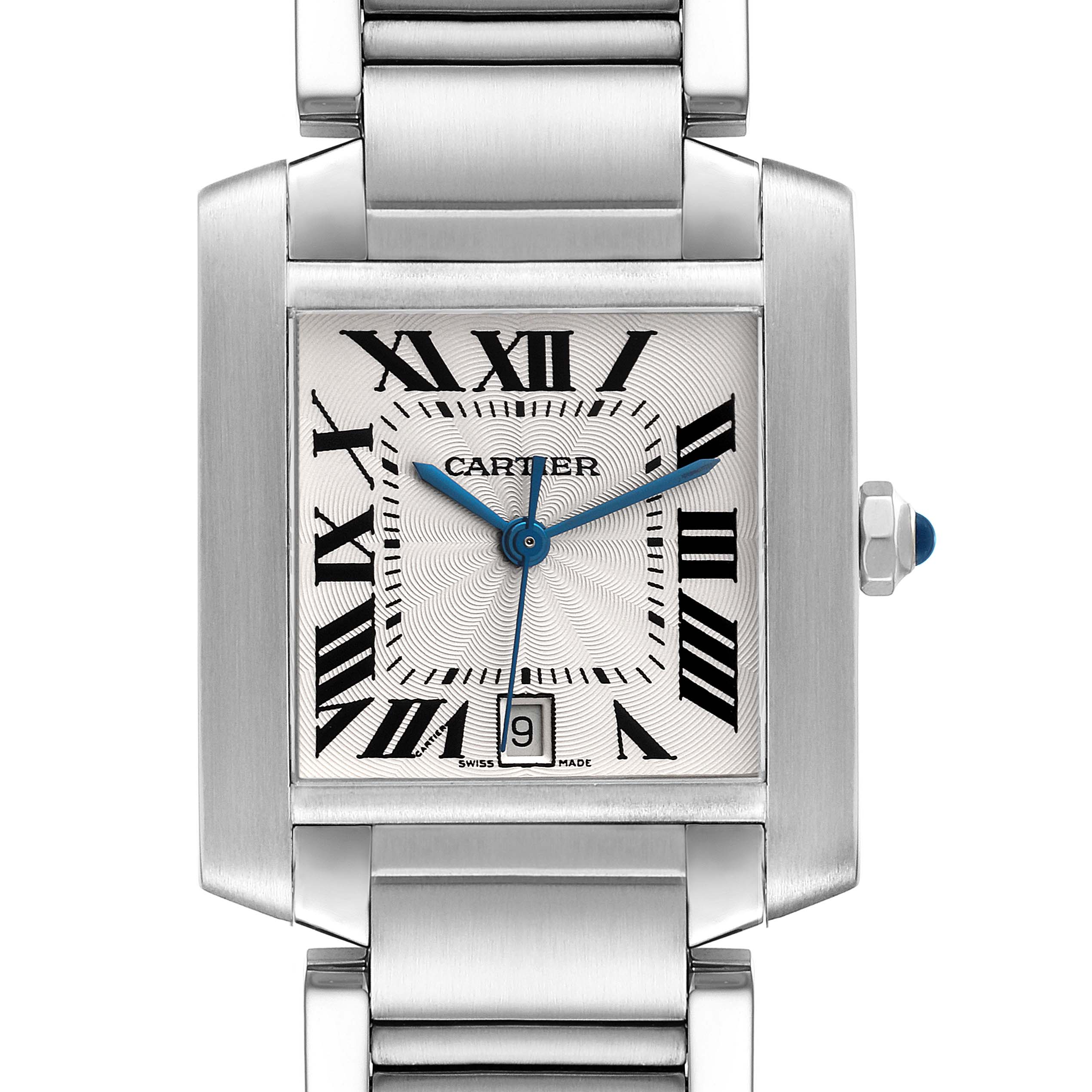 This is a close-up of the Cartier Tank Francaise W51002Q3 Men's Stainless Steel Silver Dial W51002Q3 Men's Stainless Steel Silver Dial watch, showing its face, stainless steel case, and bracelet.