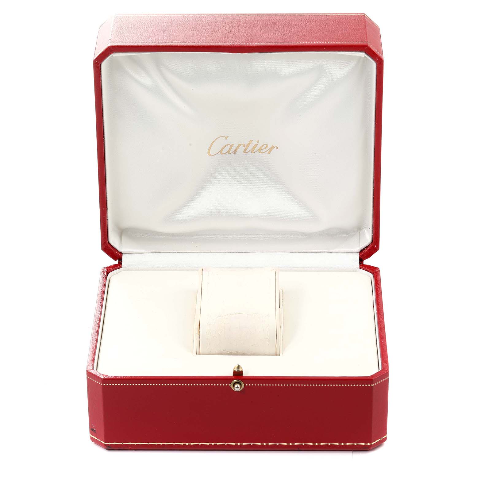 The image shows a red Cartier watch box for the Tank Francaise model, open with an empty cushion inside.