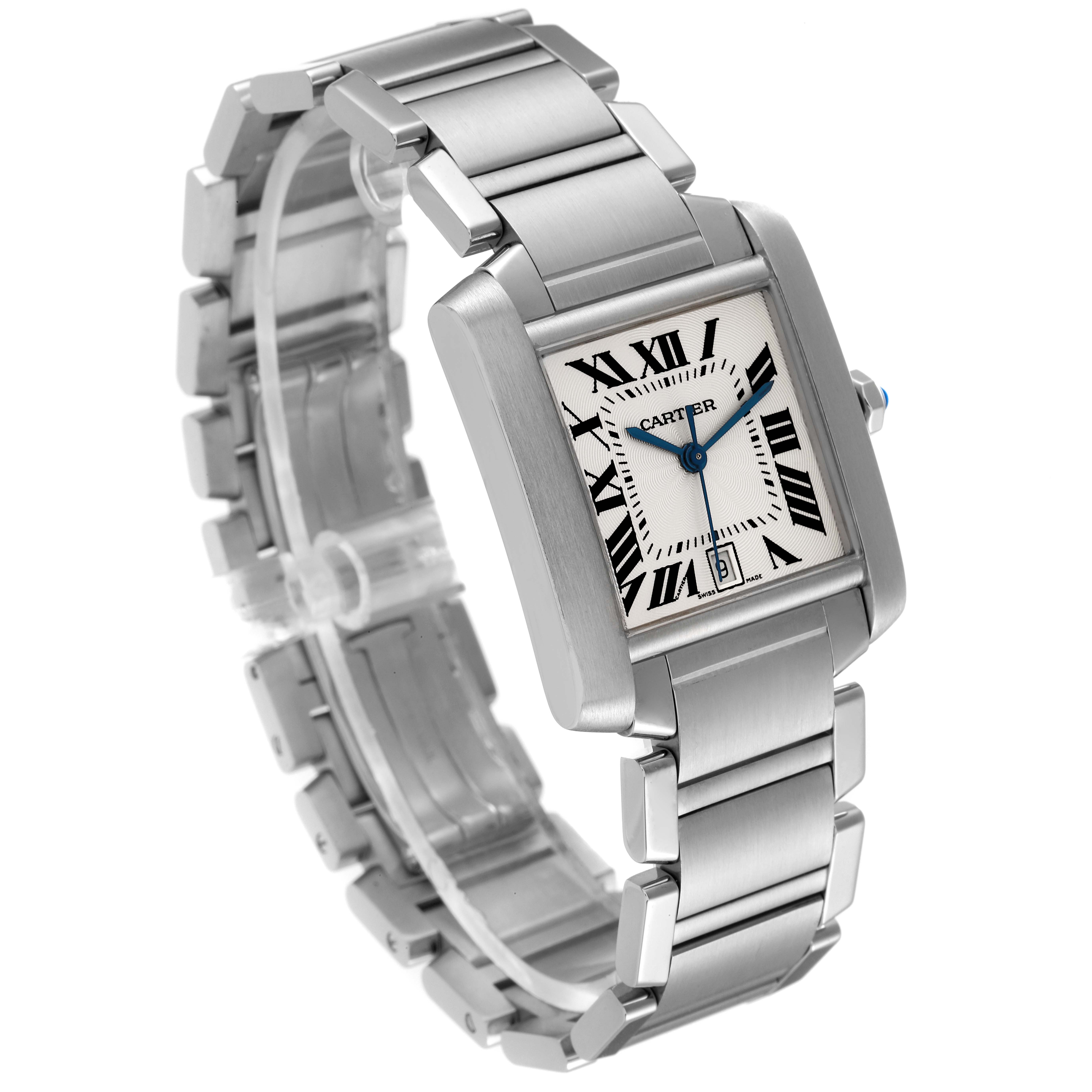 The Cartier Tank Francaise W51002Q3 Men's Stainless Steel Silver Dial W51002Q3 Men's Stainless Steel Silver Dial watch is shown at a three-quarter angle, highlighting its bracelet, rectangular case, and Roman numeral dial.