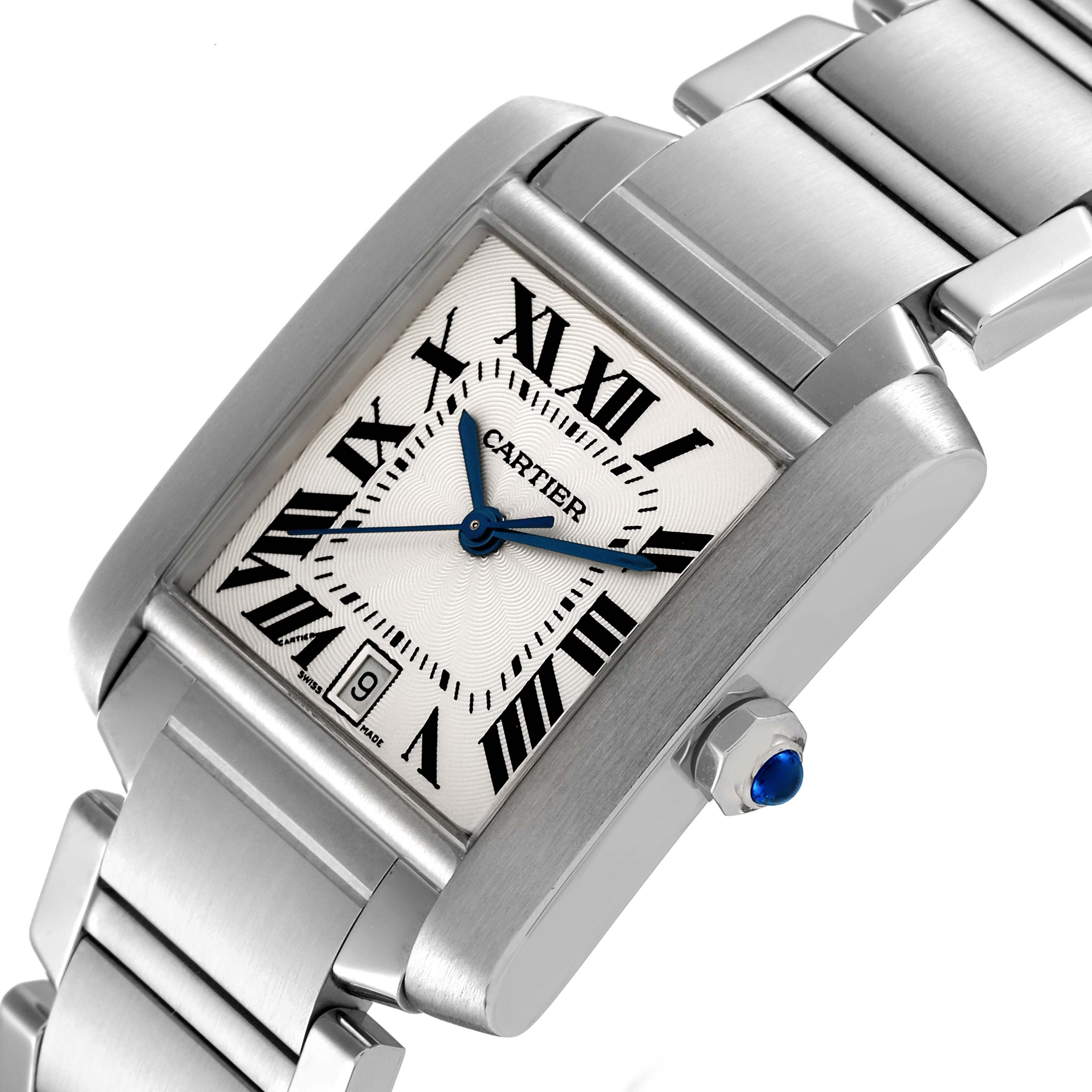 The Cartier Tank Francaise W51002Q3 Men's Stainless Steel Silver Dial W51002Q3 Men's Stainless Steel Silver Dial watch is shown at a slight angle, displaying its face, metal bracelet, and crown with a blue cabochon.