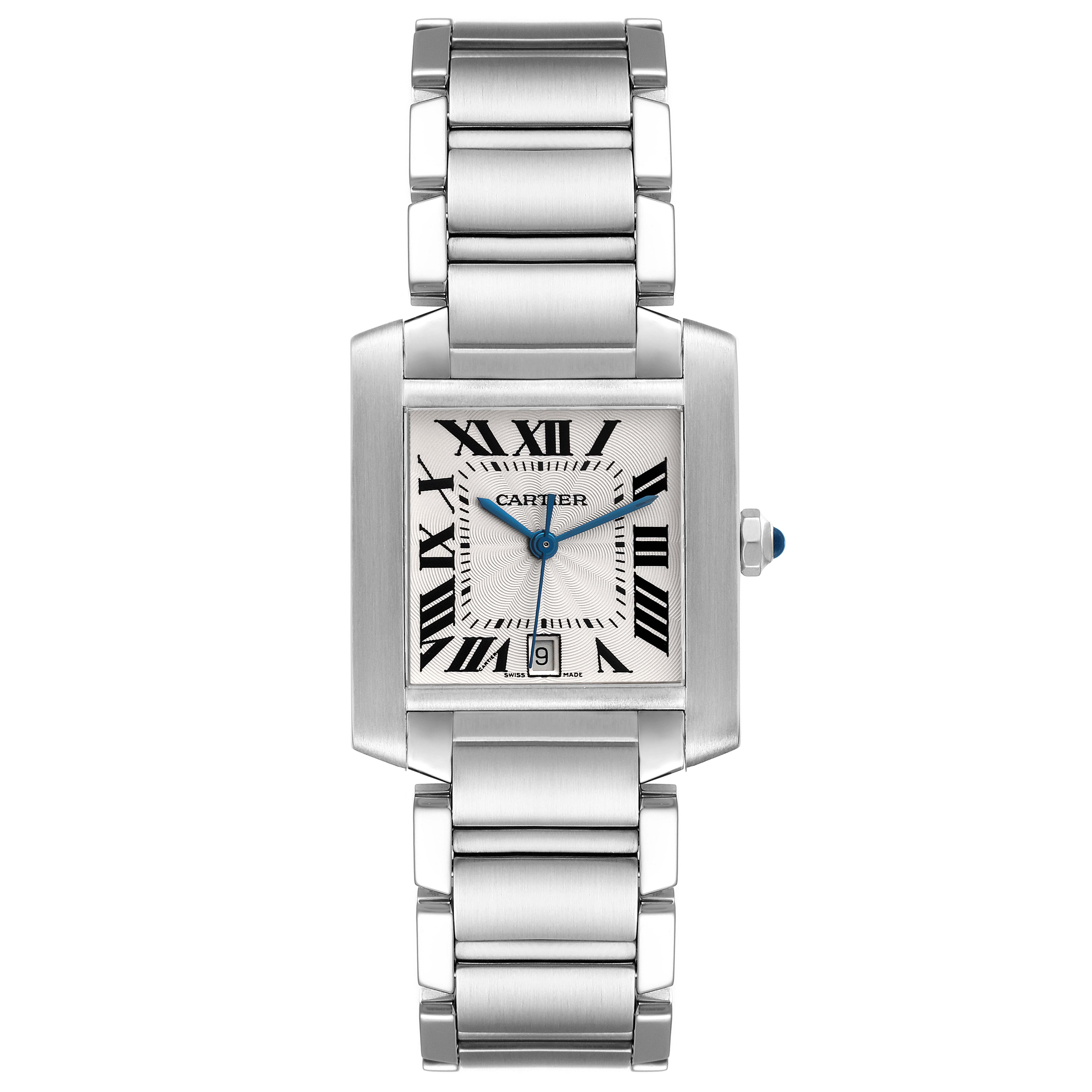 The image shows a frontal view of a Cartier Tank Francaise W51002Q3 Men's Stainless Steel Silver Dial W51002Q3 Men's Stainless Steel Silver Dial watch, displaying its rectangular face, Roman numerals, and metal bracelet.