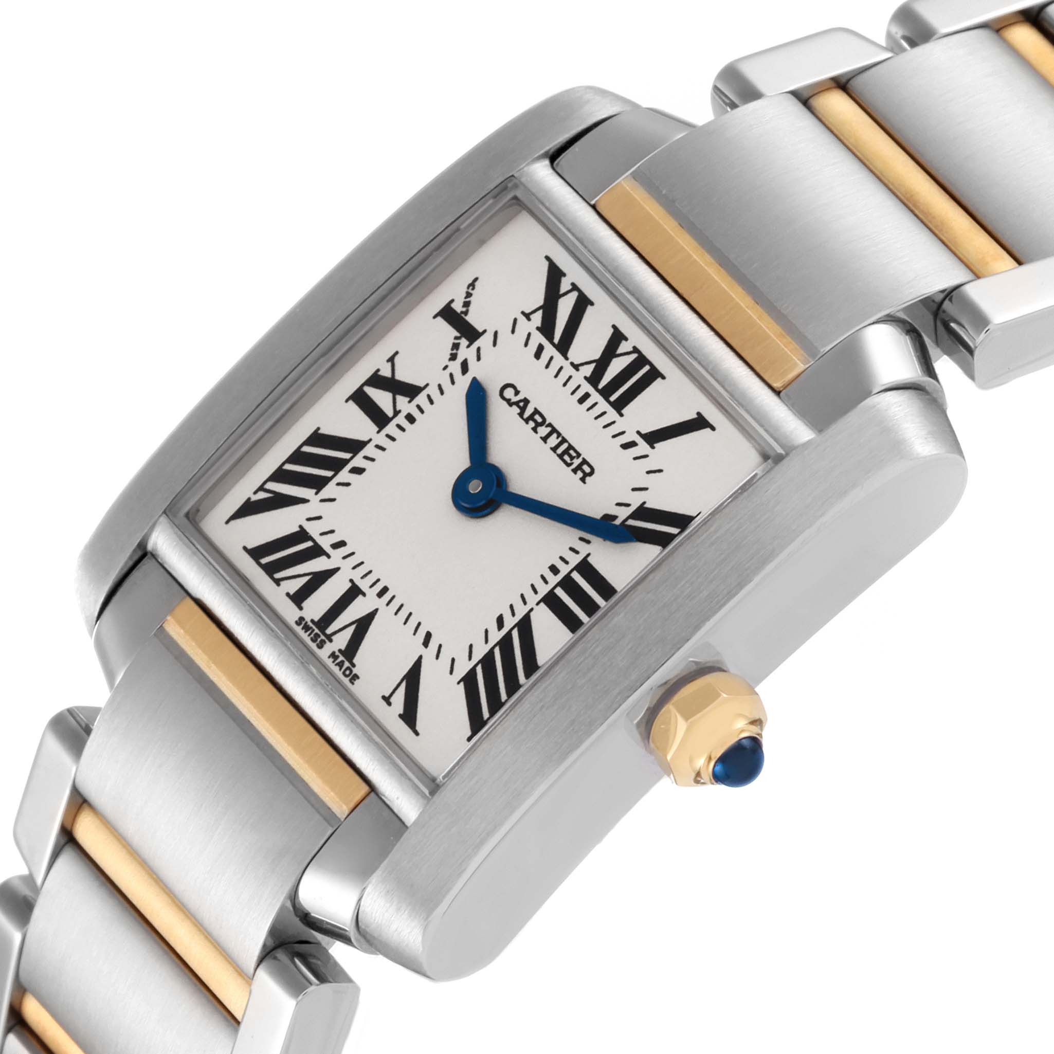 The image shows a close-up angle of the Cartier Tank Francaise W51007Q4 Women's Steel and Gold (two tone) Silver Dial W51007Q4 Women's Steel and Gold (two tone) Silver Dial watch displaying its face, part of the bracelet, and the crown.