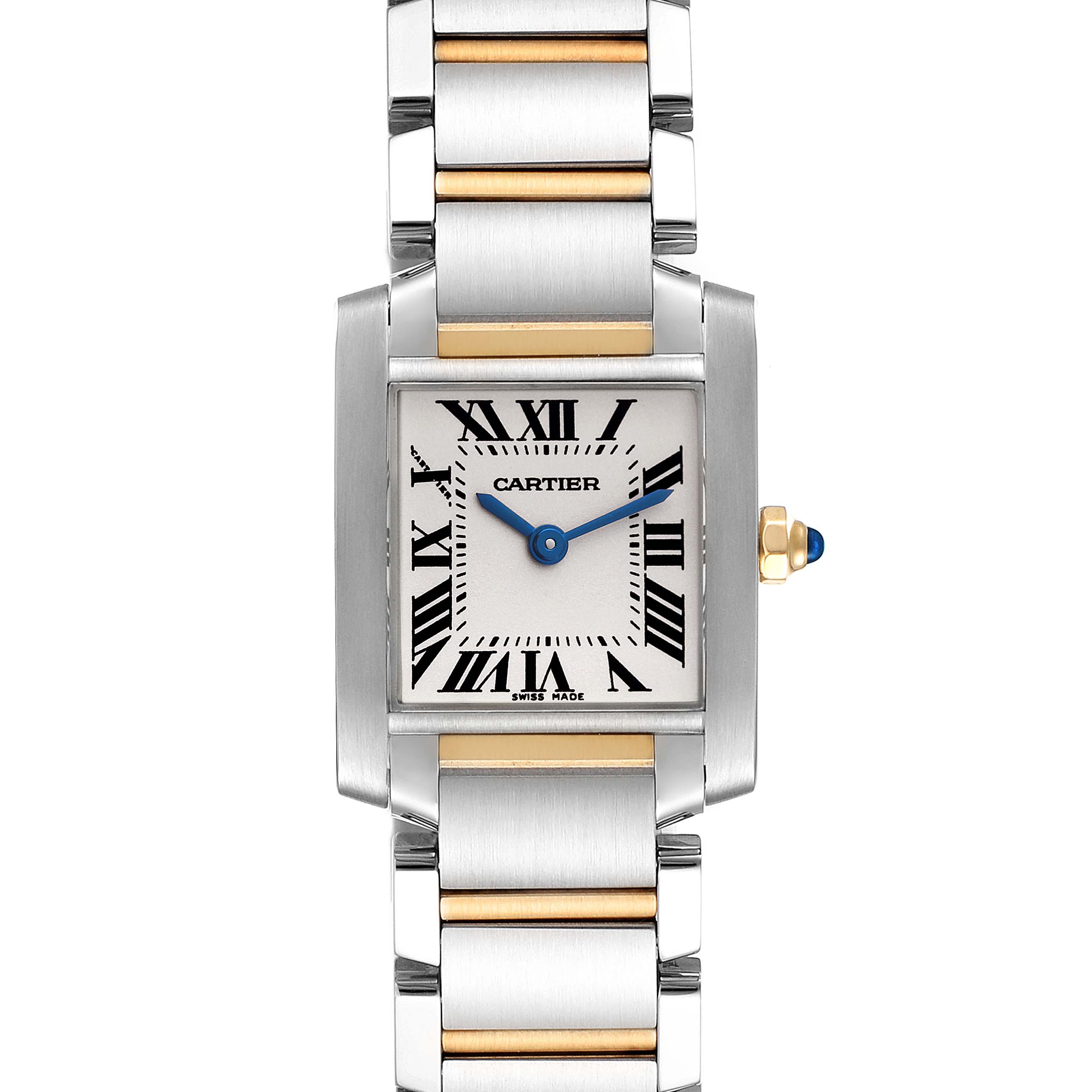 This image shows a Cartier Tank Francaise W51007Q4 Women's Steel and Gold (two tone) Silver Dial W51007Q4 Women's Steel and Gold (two tone) Silver Dial watch from a front view, displaying the dial, bracelet, and crown.