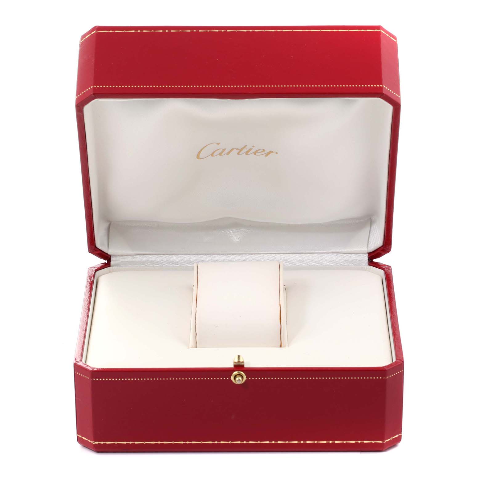 This image shows an open red Cartier watch box from the front, without the Tank Francaise watch inside.