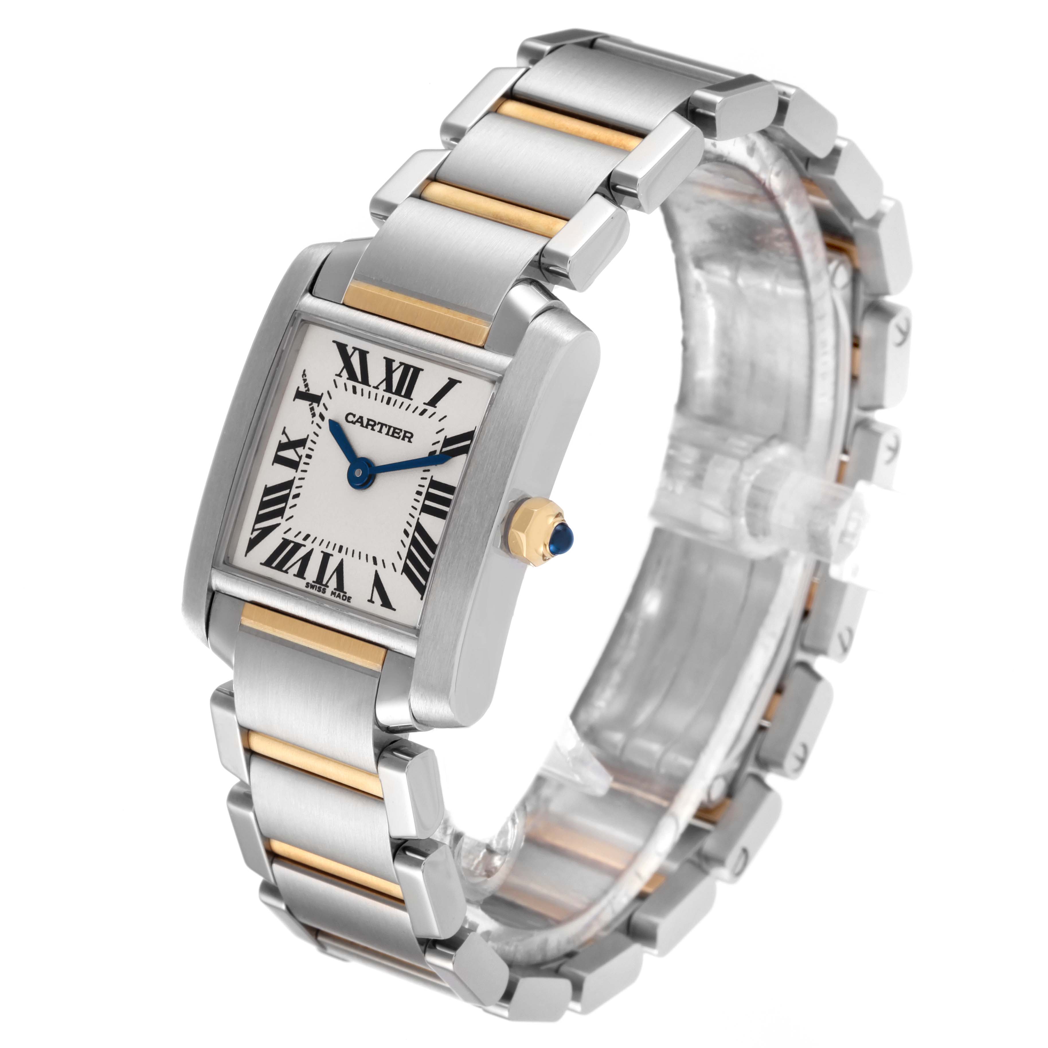 The Cartier Tank Francaise W51007Q4 Women's Steel and Gold (two tone) Silver Dial W51007Q4 Women's Steel and Gold (two tone) Silver Dial watch is shown at a slight angle, featuring its face, bezel, crown, and metal bracelet.