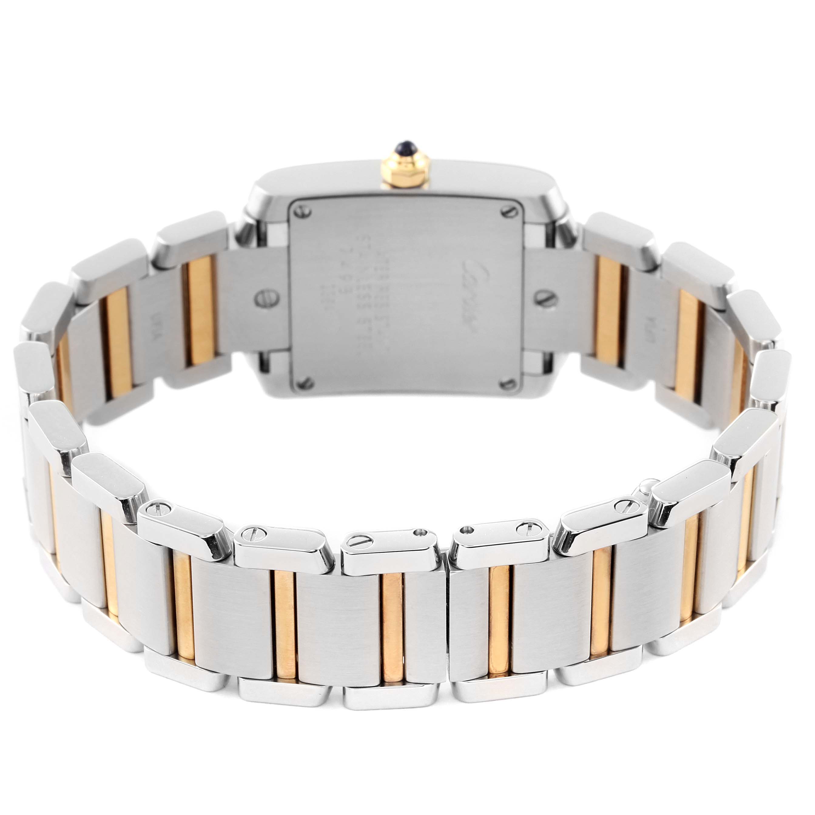The image shows the underside of a Cartier Tank Francaise W51007Q4 Women's Steel and Gold (two tone) Silver Dial W51007Q4 Women's Steel and Gold (two tone) Silver Dial watch, highlighting its stainless steel and gold bracelet links.