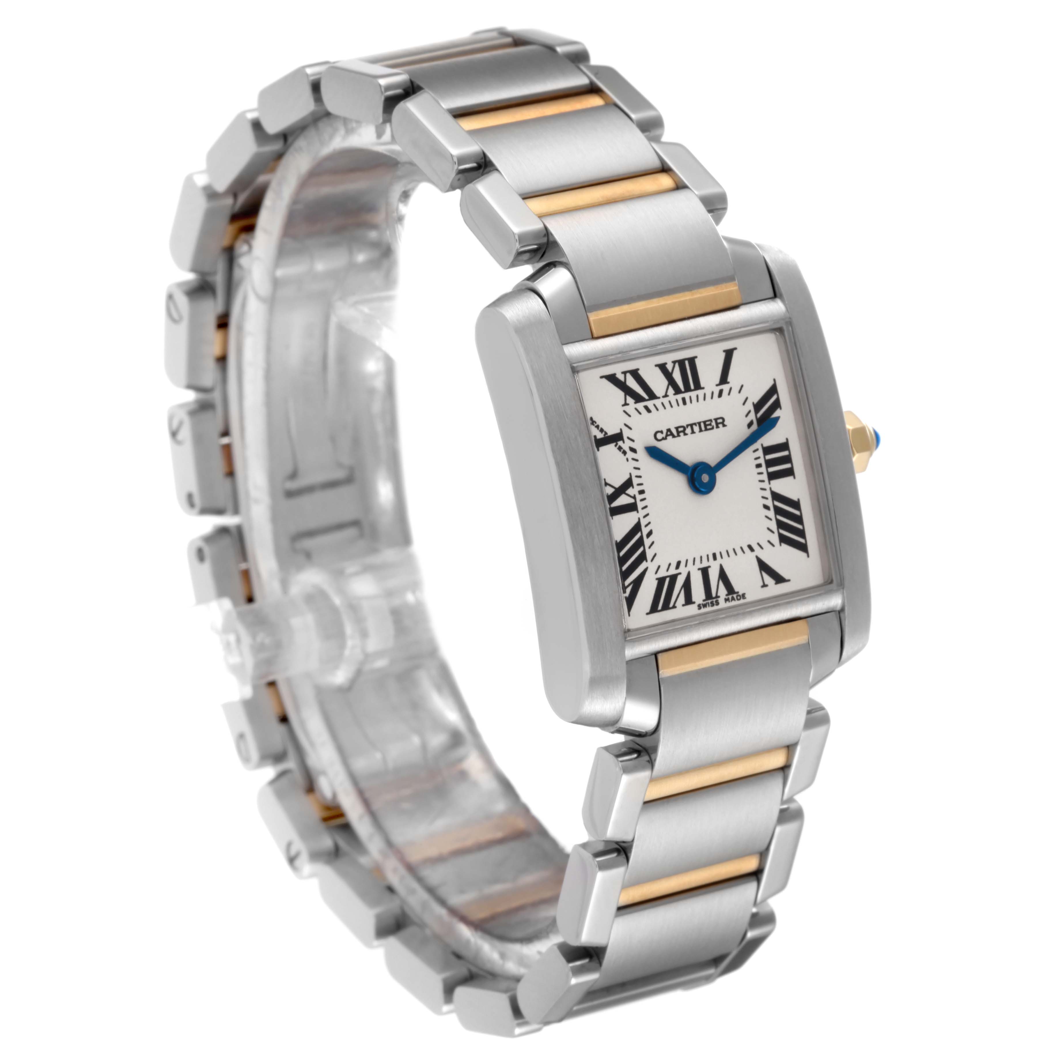 This image shows a three-quarter view of a Cartier Tank Francaise W51007Q4 Women's Steel and Gold (two tone) Silver Dial W51007Q4 Women's Steel and Gold (two tone) Silver Dial watch, displaying the face, bracelet, and side detail.