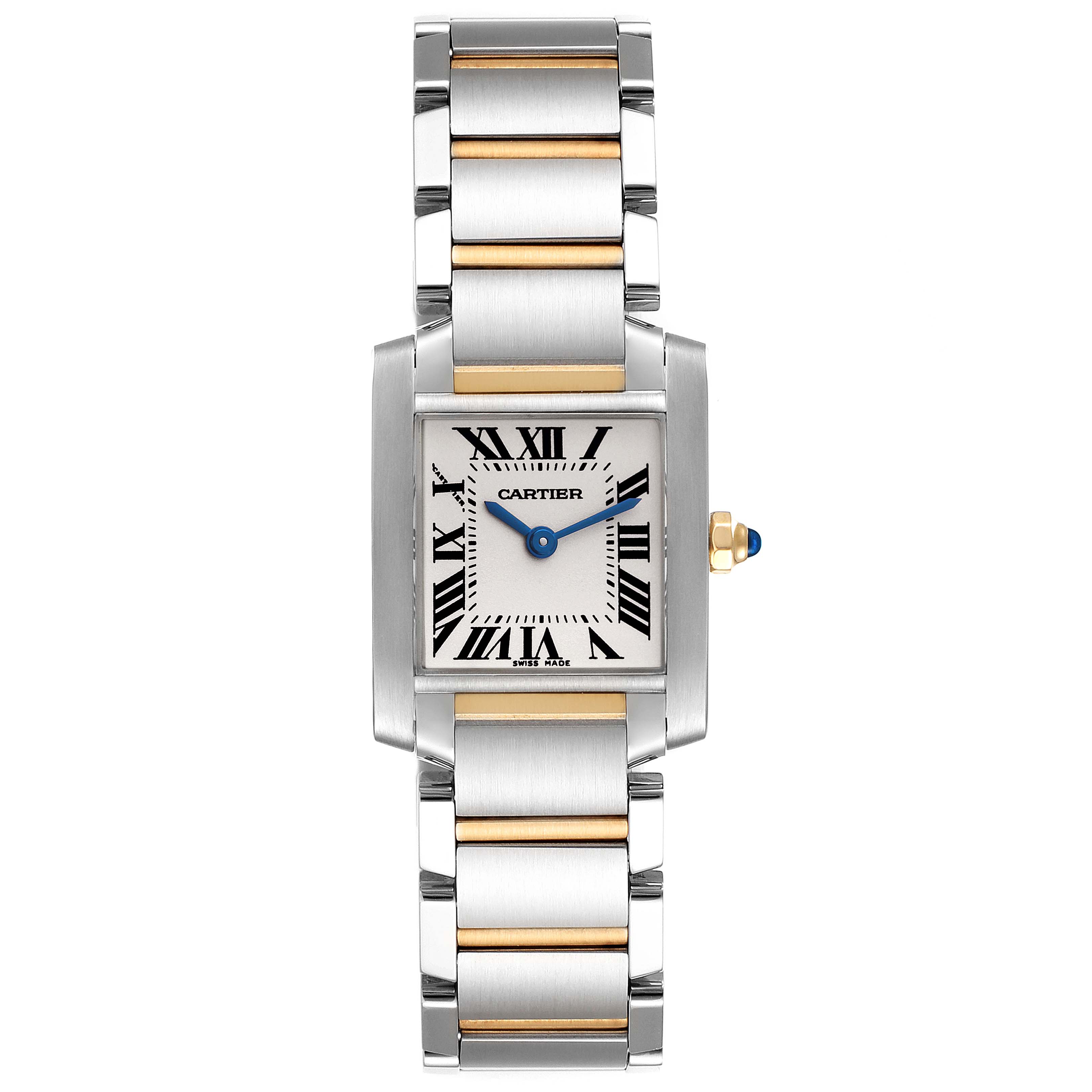 The Cartier Tank Francaise W51007Q4 Women's Steel and Gold (two tone) Silver Dial W51007Q4 Women's Steel and Gold (two tone) Silver Dial watch is shown from a top-down angle, highlighting its face, bracelet, and crown.