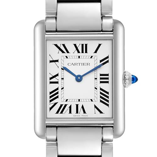 The Cartier Tank Must WSTA0062 Women's Stainless Steel Silver Dial watch is shown from a front angle, displaying its rectangular face with Roman numerals and metal bracelet.