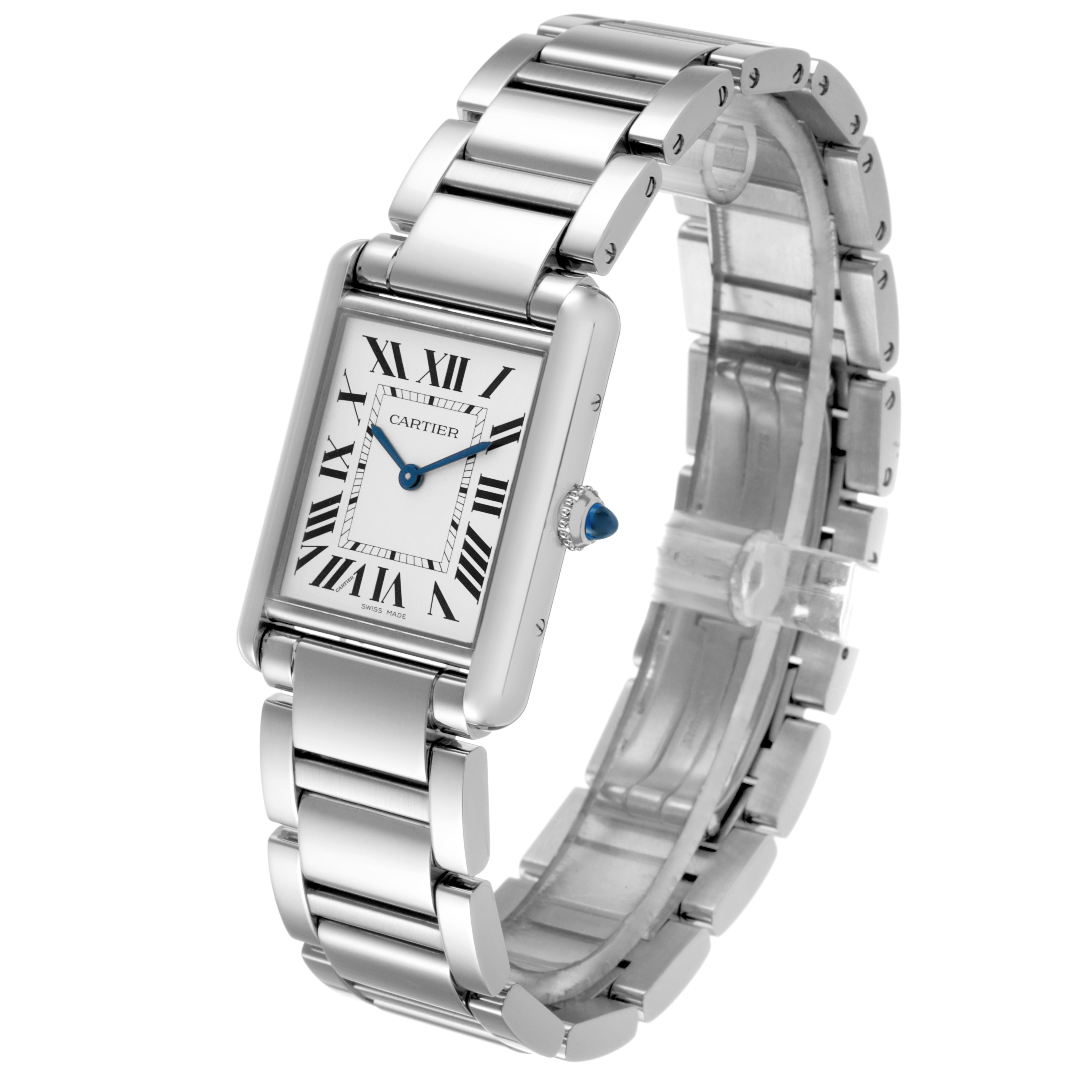 The Cartier Tank Must WSTA0062 Women's Stainless Steel Silver Dial watch is shown at an angled view, displaying the rectangular face, Roman numerals, and metal bracelet.