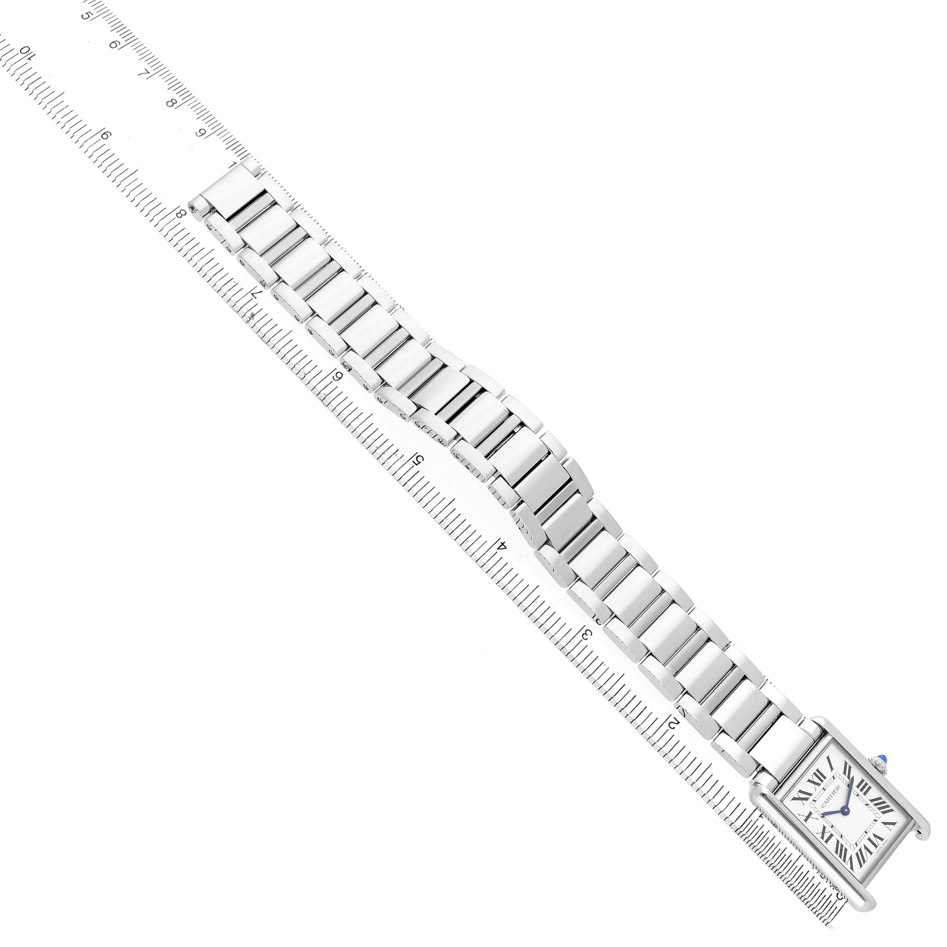 The Cartier Tank Must WSTA0062 Women's Stainless Steel Silver Dial watch is shown from a top view, displaying its face and metal bracelet.