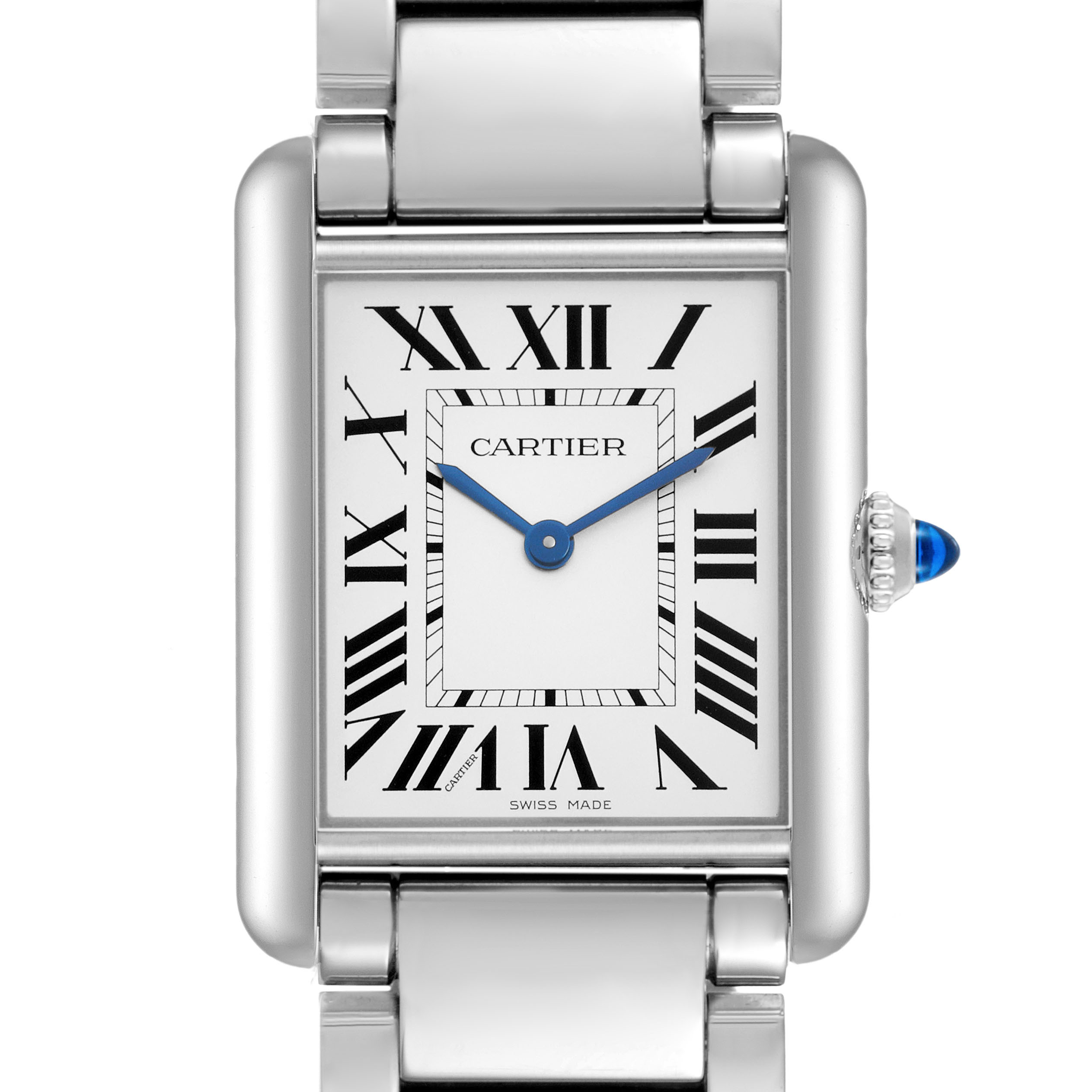The Cartier Tank Must WSTA0062 Women's Stainless Steel Silver Dial watch is shown from a front angle, highlighting its rectangular face and blue cabochon crown.