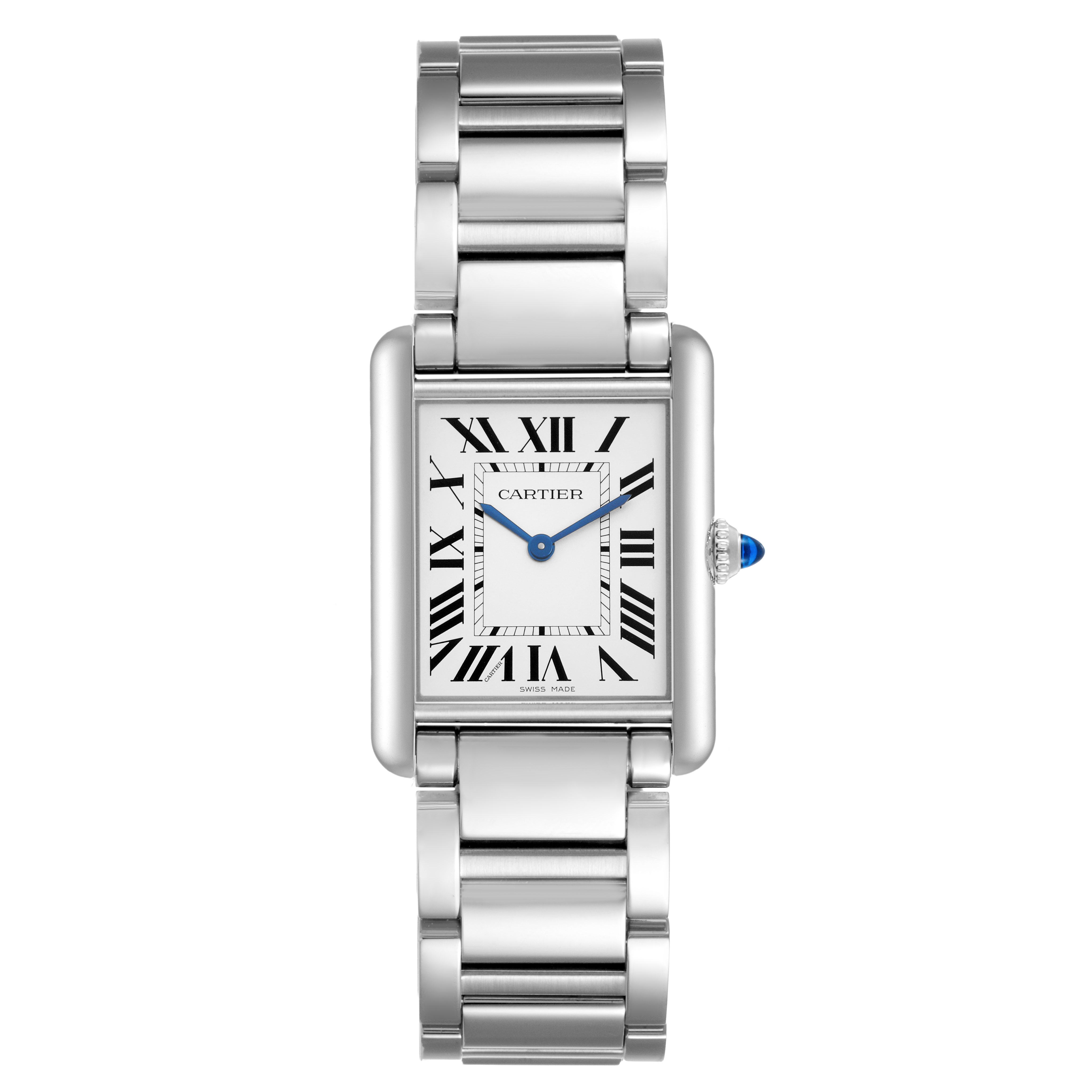 The Cartier Tank Must WSTA0062 Women's Stainless Steel Silver Dial watch is viewed from the front, showing the face, bracelet, and signature blue crown.