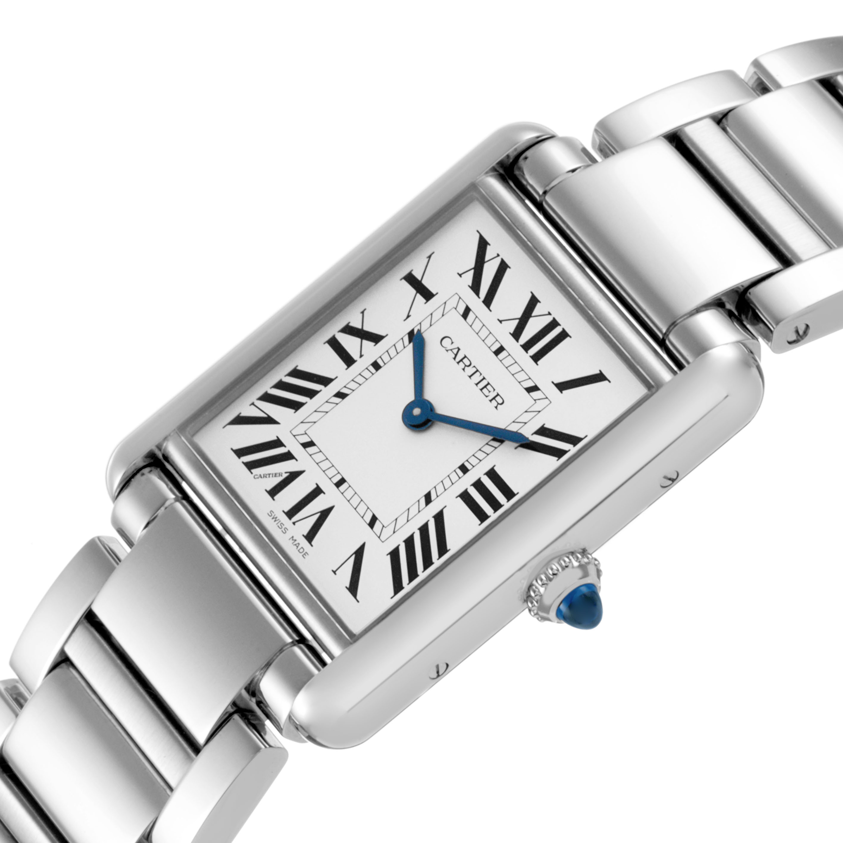 The Cartier Tank Must WSTA0062 Women's Stainless Steel Silver Dial watch is shown at a slight angle, displaying the face, Roman numerals, blue hands, crown, and part of the bracelet.