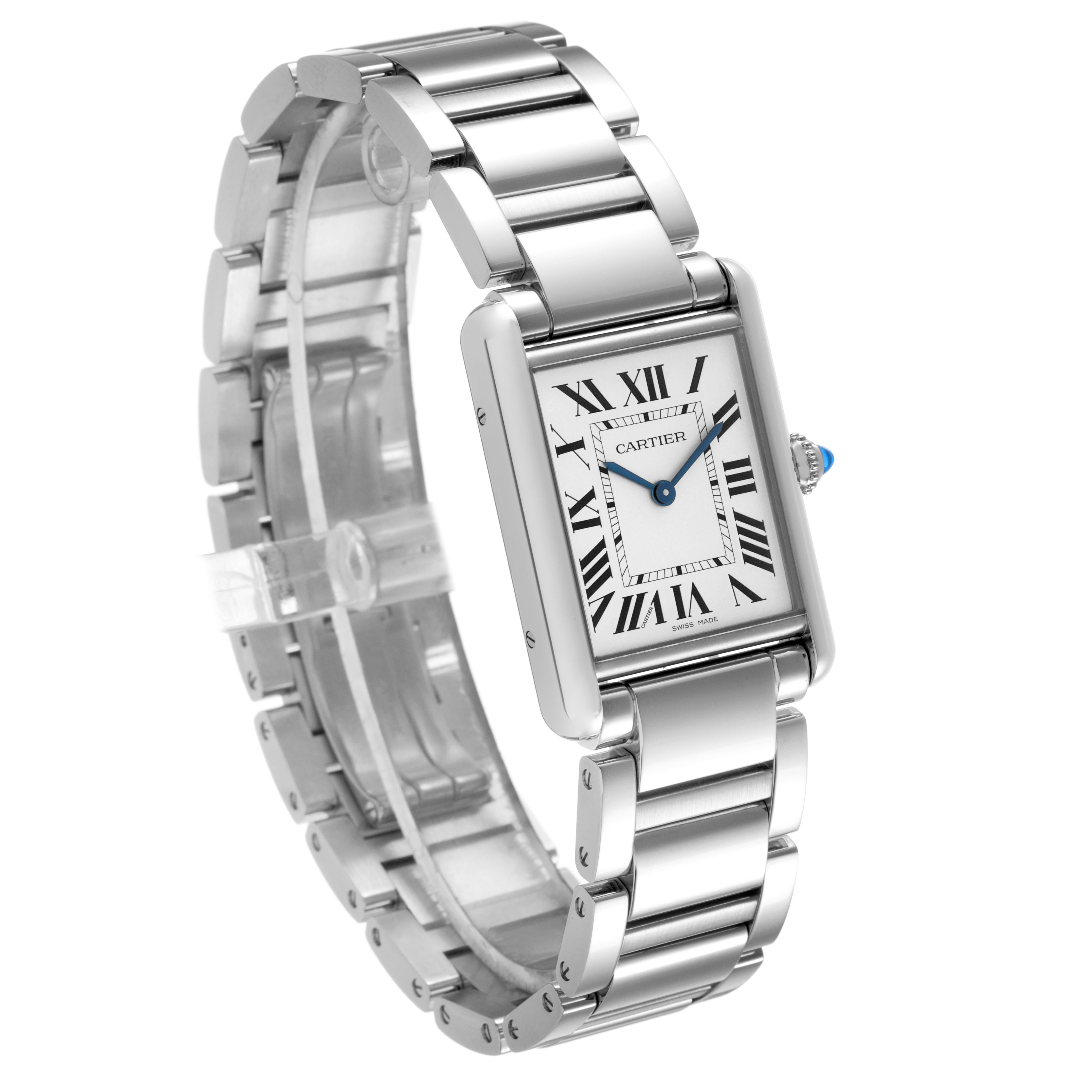 The Cartier Tank Must WSTA0062 Women's Stainless Steel Silver Dial watch is shown from a side angle, displaying the band, face, and iconic rectangular case.