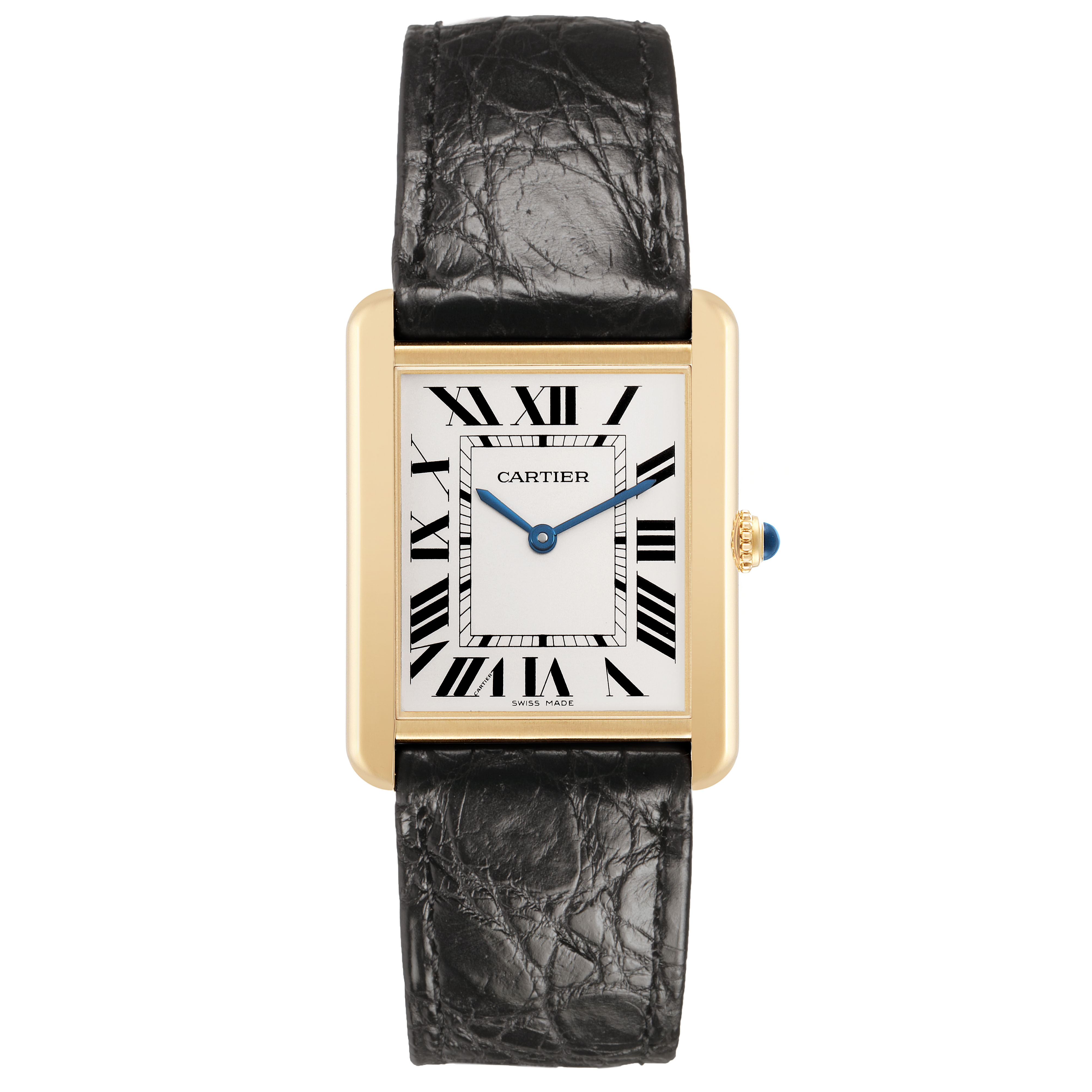 The Cartier Tank Solo W5200004 Men's Yellow Gold Silver Dial watch is shown from a front angle, displaying the face, strap, and side crown.