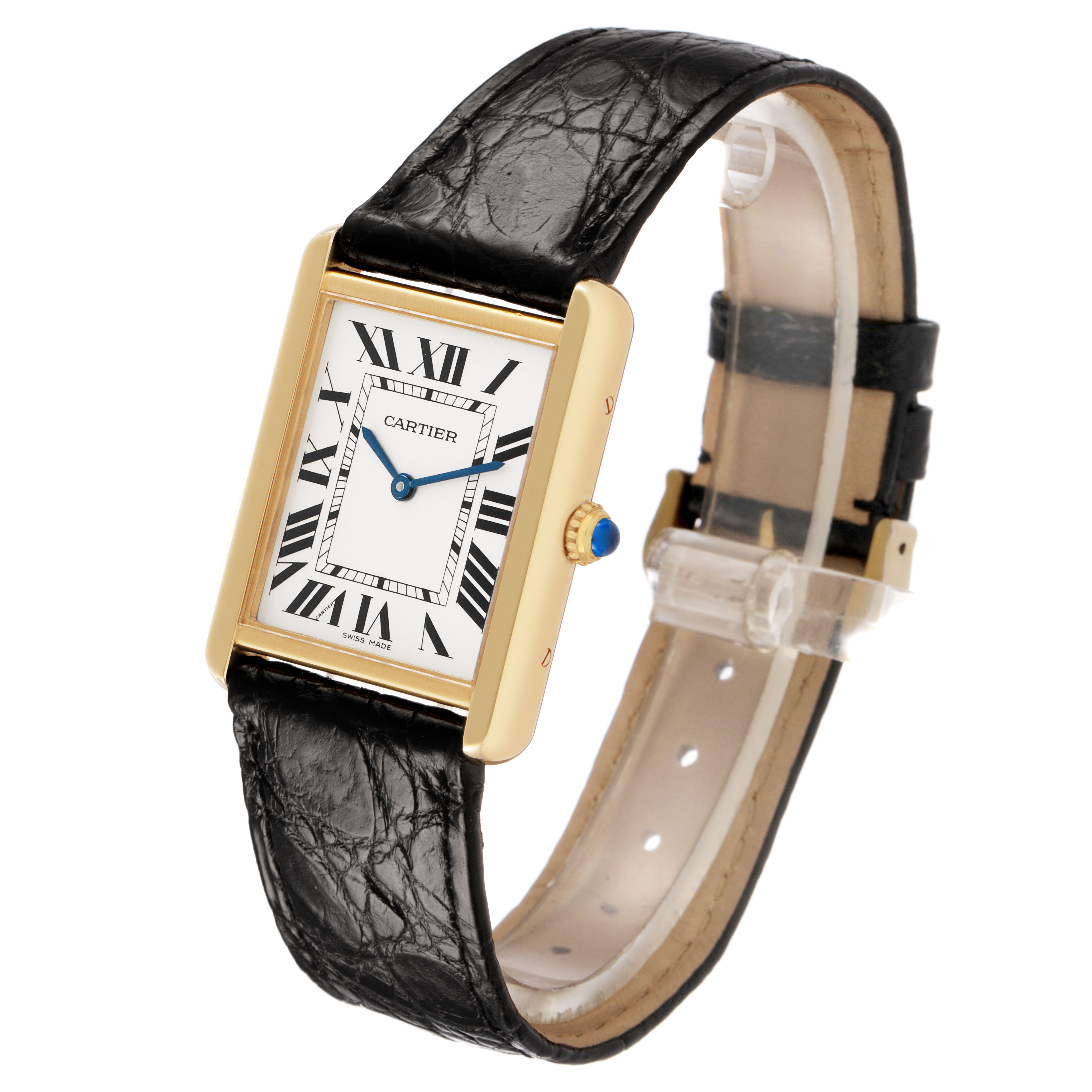 The Cartier Tank Solo W5200004 Men's Yellow Gold Silver Dial watch is shown at a three-quarter angle, highlighting its rectangular case, Roman numerals, and leather strap.