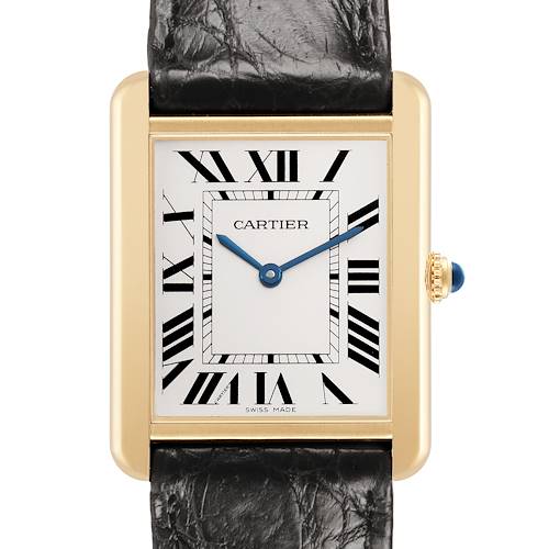 The Cartier Tank Solo W5200004 Men's Yellow Gold Silver Dial is shown from the front, displaying its rectangular face, Roman numerals, and leather strap.