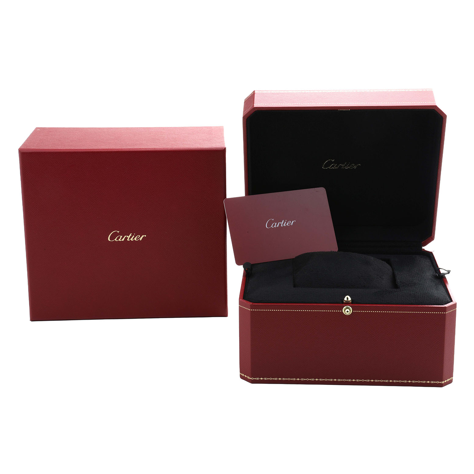The image shows the packaging for a Cartier Tank Solo W5200004 Men's Yellow Gold Silver Dial, including the outer box, inner case, and certificate holder.