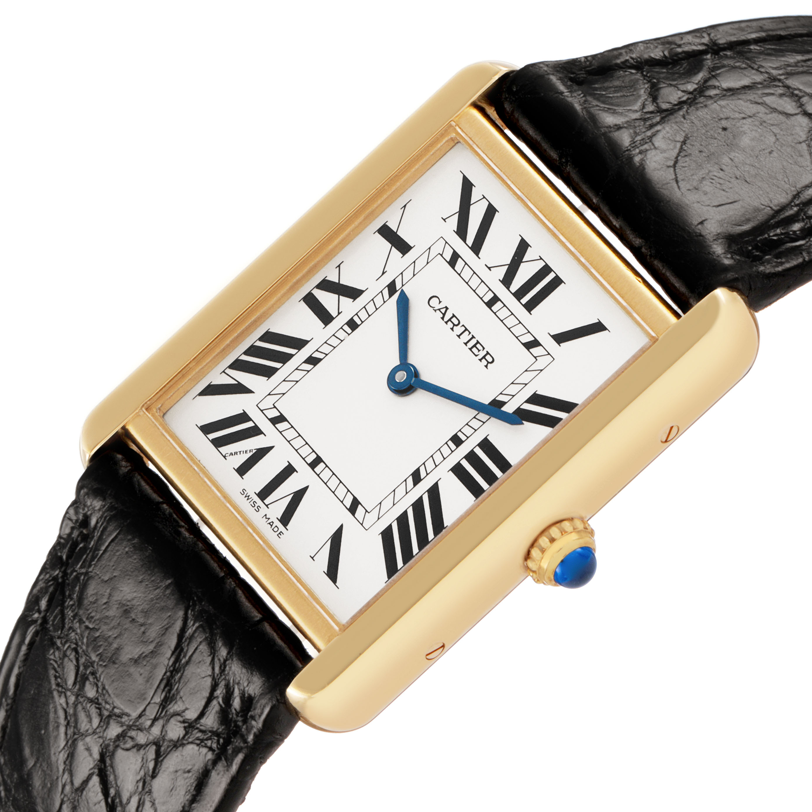 The Cartier Tank Solo W5200004 Men's Yellow Gold Silver Dial watch is shown at an angled view, displaying its rectangular face, Roman numerals, and leather strap.