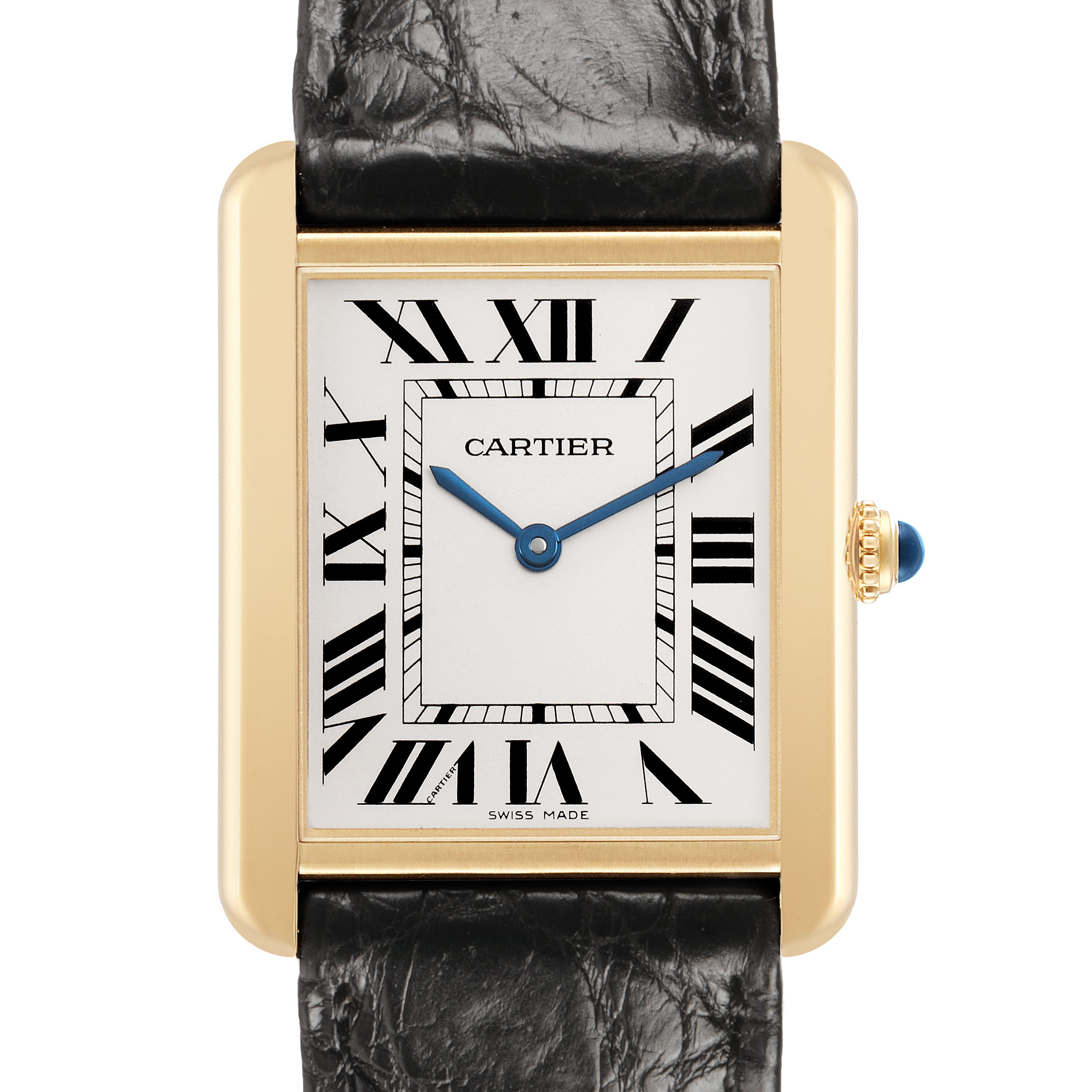 The Cartier Tank Solo W5200004 Men's Yellow Gold Silver Dial watch is shown from a front angle, highlighting its rectangular dial, Roman numerals, and black leather strap.