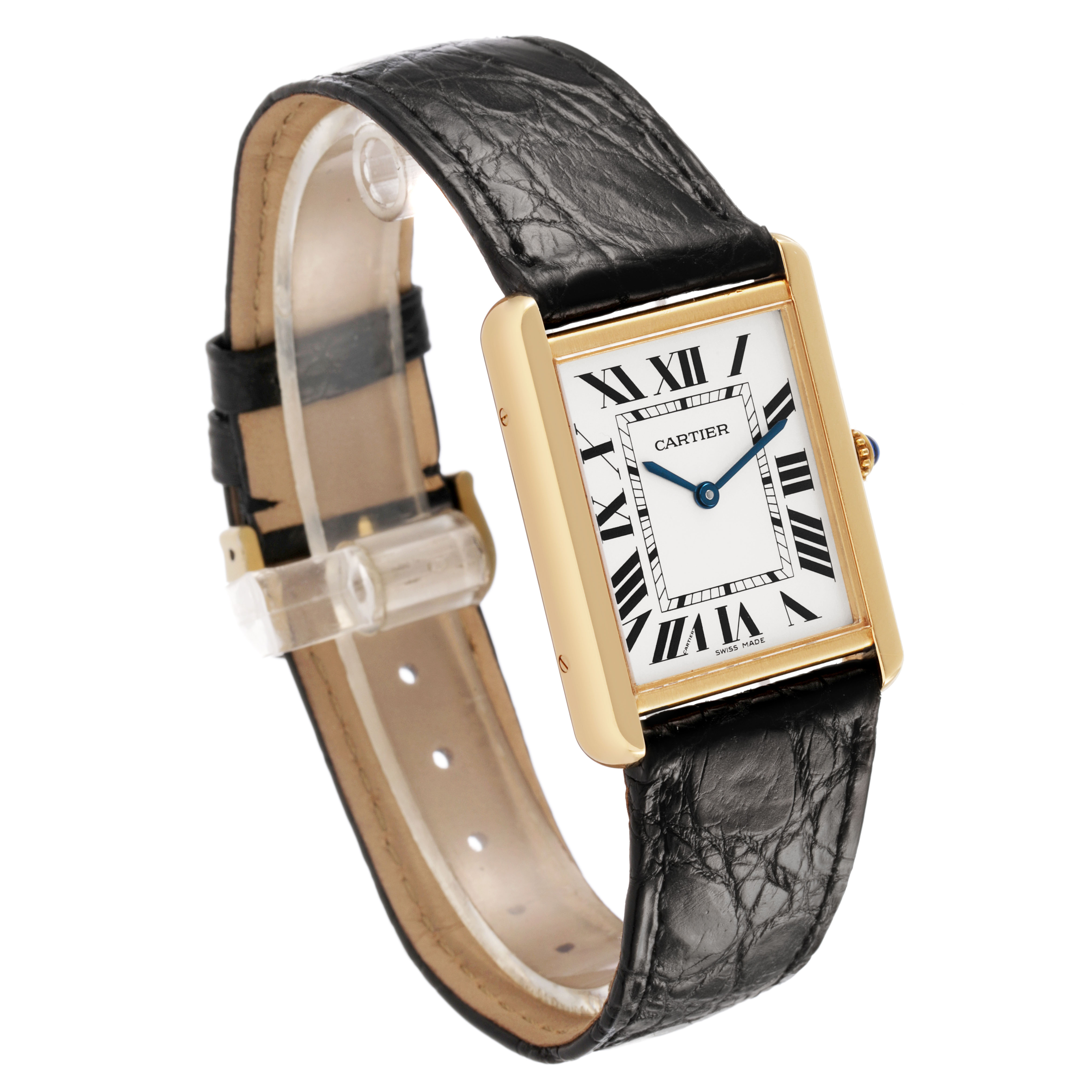 The Cartier Tank Solo W5200004 Men's Yellow Gold Silver Dial watch is shown at a slight angle, displaying its face, strap, and side view.