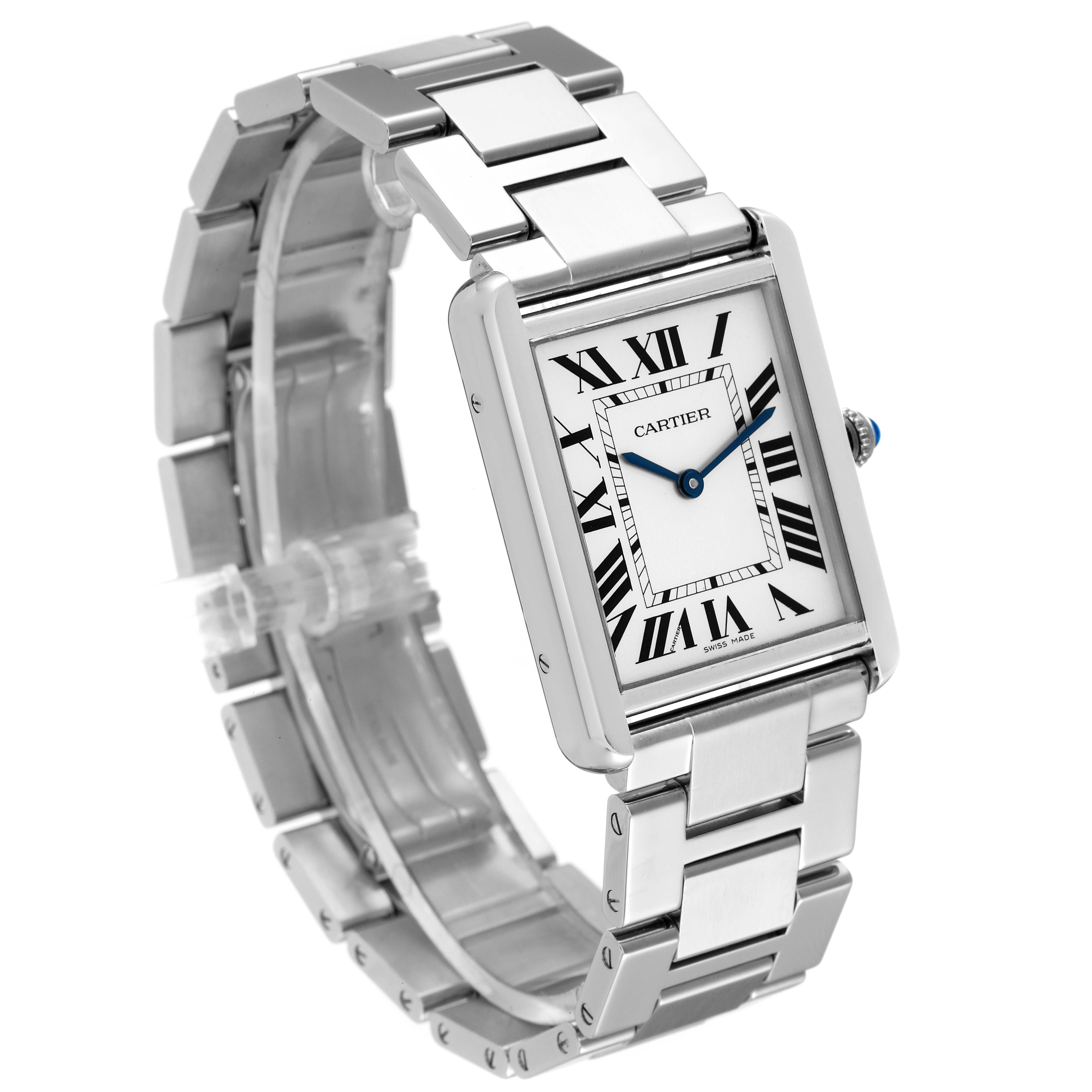 The image shows a Cartier Tank Solo W5200014 Men's Stainless Steel Silver Dial W5200014 Men's Stainless Steel Silver Dial watch with a stainless steel bracelet at a three-quarter angle.
