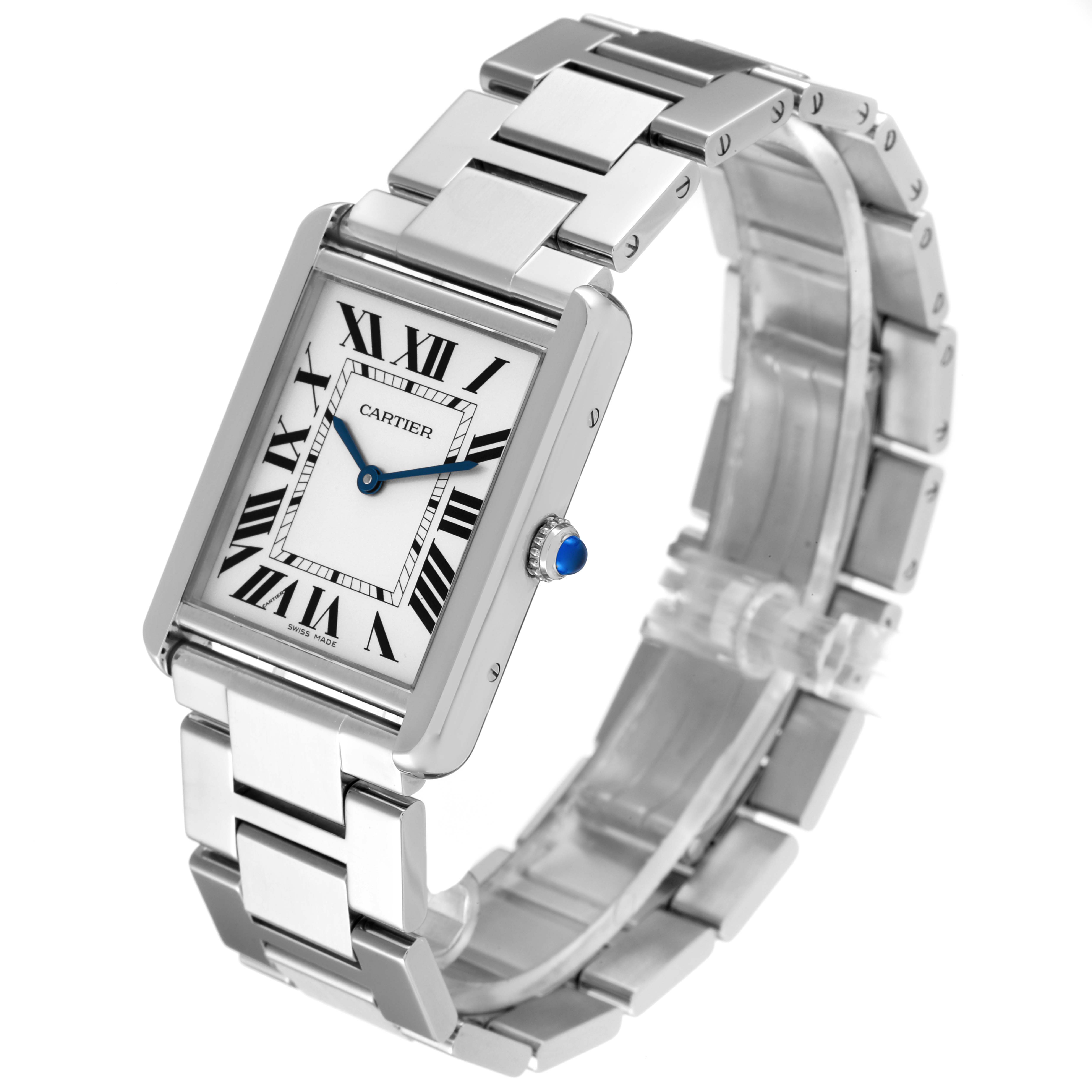 The image shows a Cartier Tank Solo W5200014 Men's Stainless Steel Silver Dial W5200014 Men's Stainless Steel Silver Dial watch from an angled front view, highlighting the face, bracelet, and side crown.