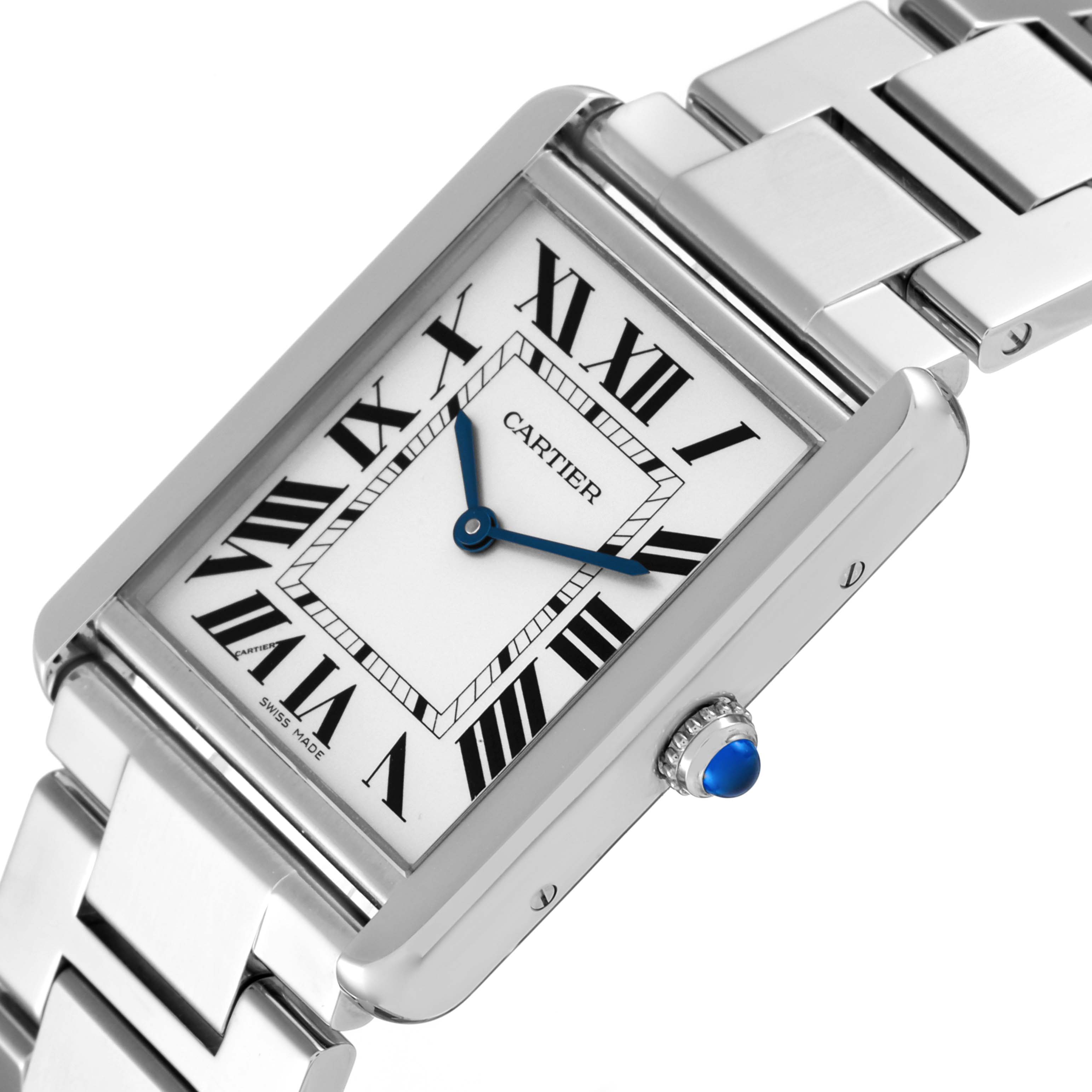 The image shows a Cartier Tank Solo W5200014 Men's Stainless Steel Silver Dial W5200014 Men's Stainless Steel Silver Dial watch at an angled view, highlighting its face, bezel, and part of the bracelet.