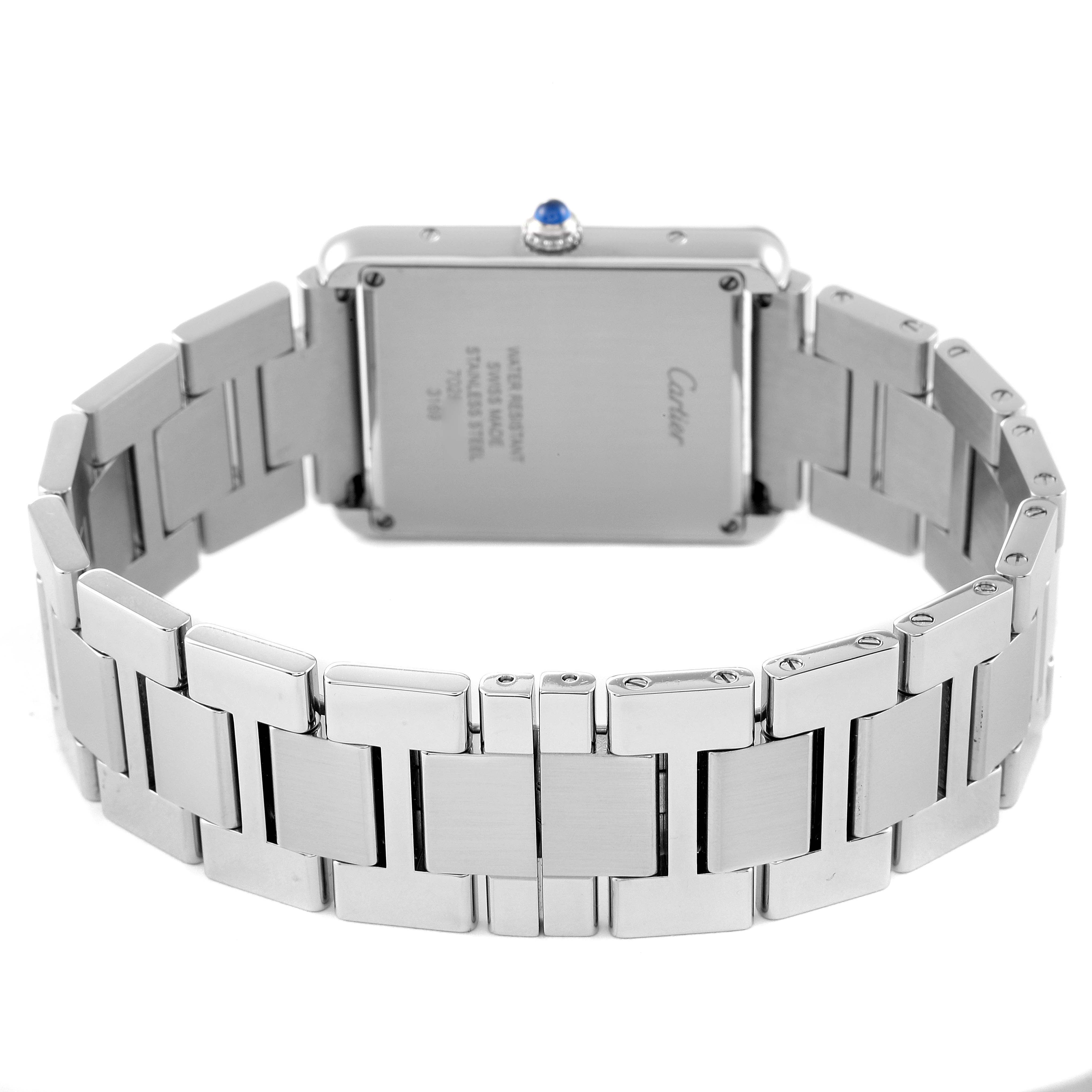 The image shows the back view of a Cartier Tank Solo W5200014 Men's Stainless Steel Silver Dial W5200014 Men's Stainless Steel Silver Dial watch, highlighting the case back and metal bracelet.