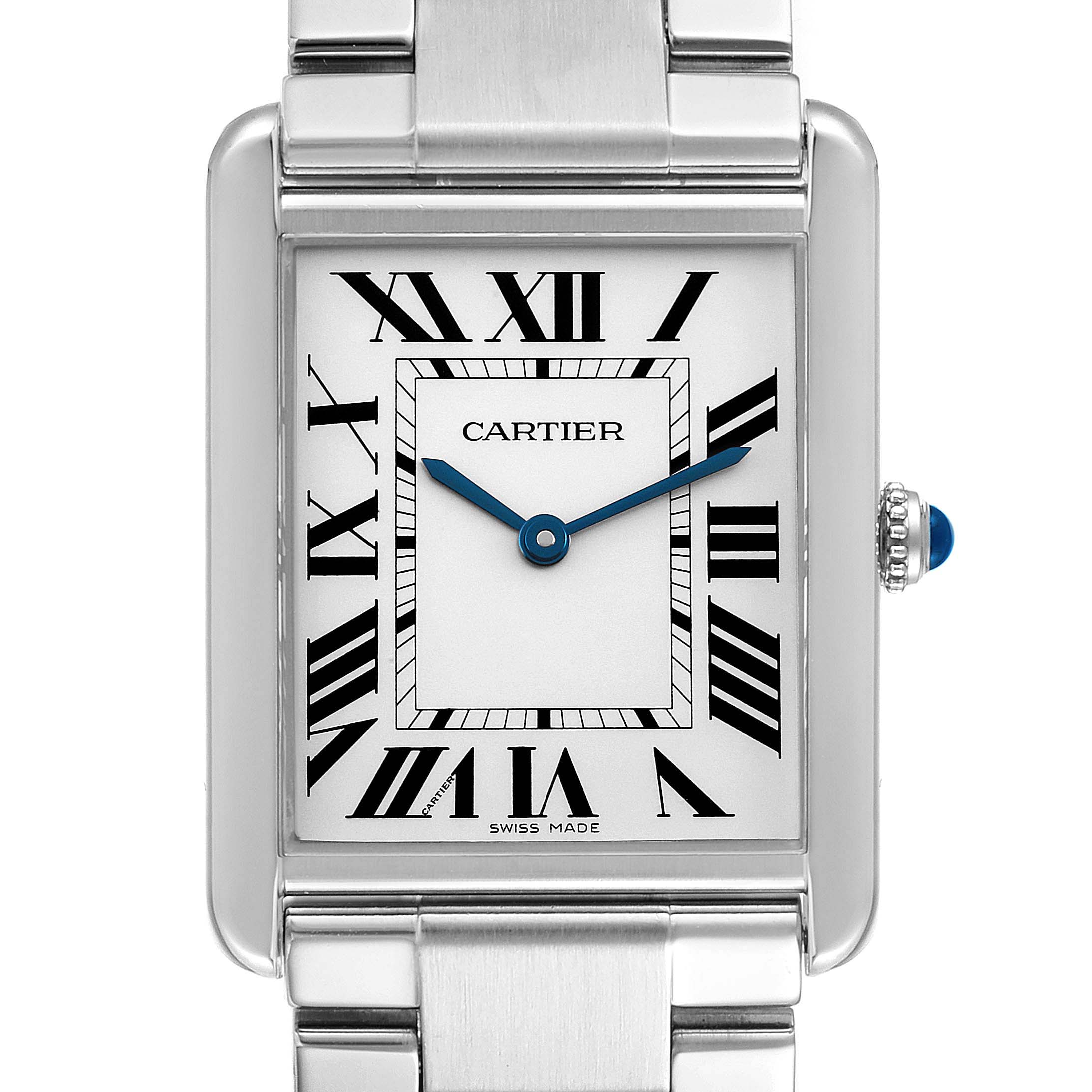 The image shows a front view of the Cartier Tank Solo W5200014 Men's Stainless Steel Silver Dial W5200014 Men's Stainless Steel Silver Dial watch, highlighting its rectangular face, Roman numerals, and metal bracelet.