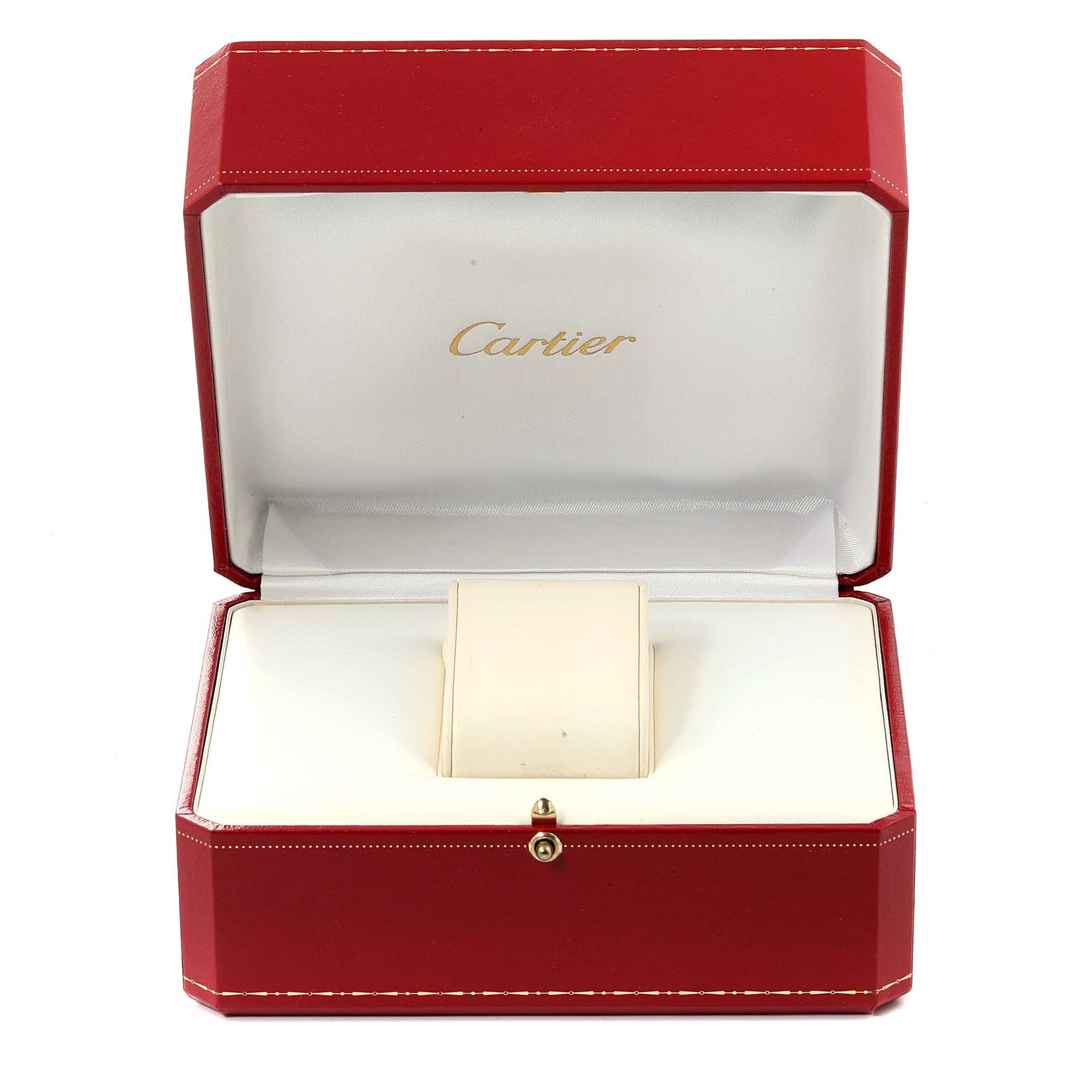 The image shows an open red Cartier watch box for the Tank Solo model, with a white cushioned interior.