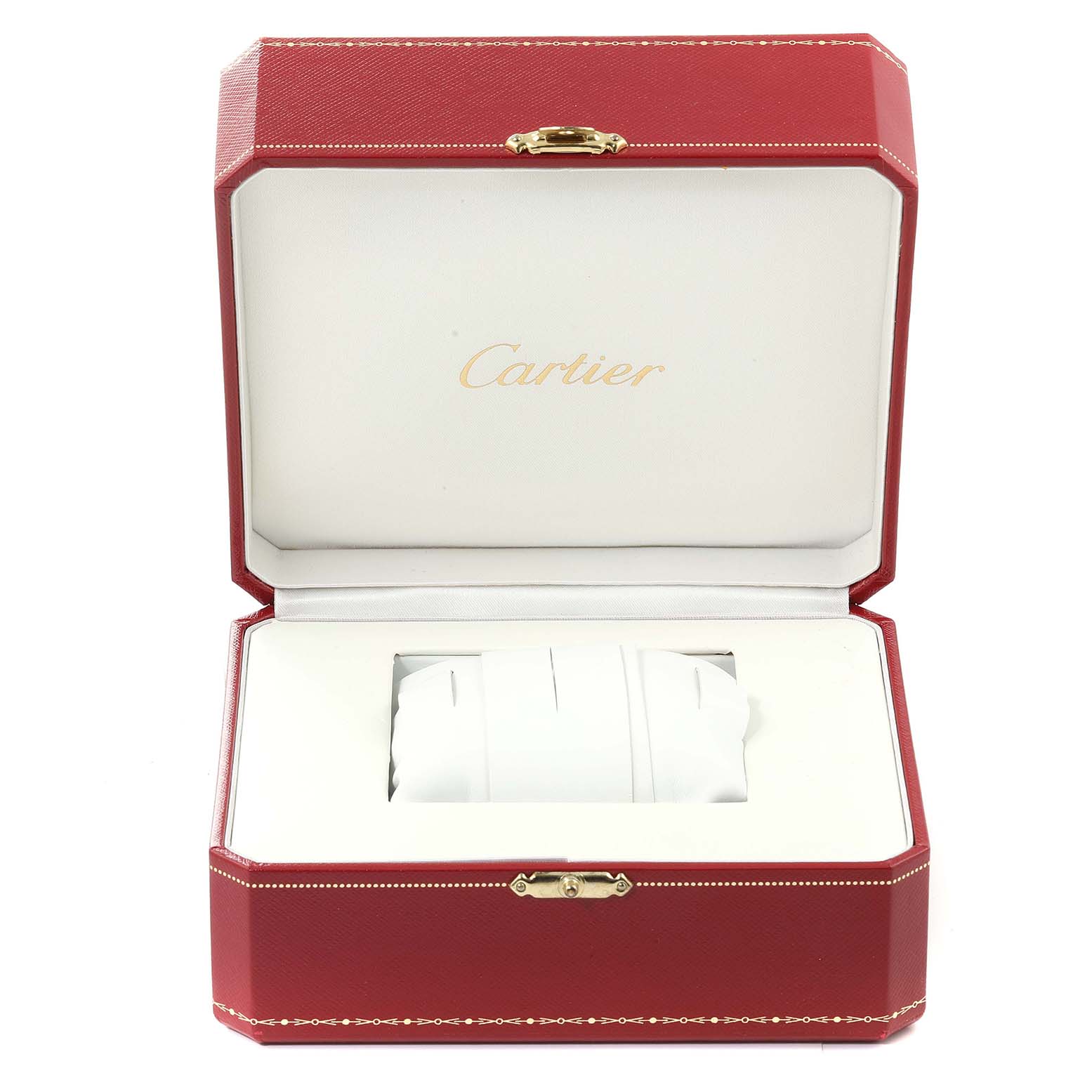 The image shows the open case for a Cartier Tank Solo W5200028 Men's Stainless Steel Silver Dial W5200028 Men's Stainless Steel Silver Dial watch without the watch, viewed from the front.