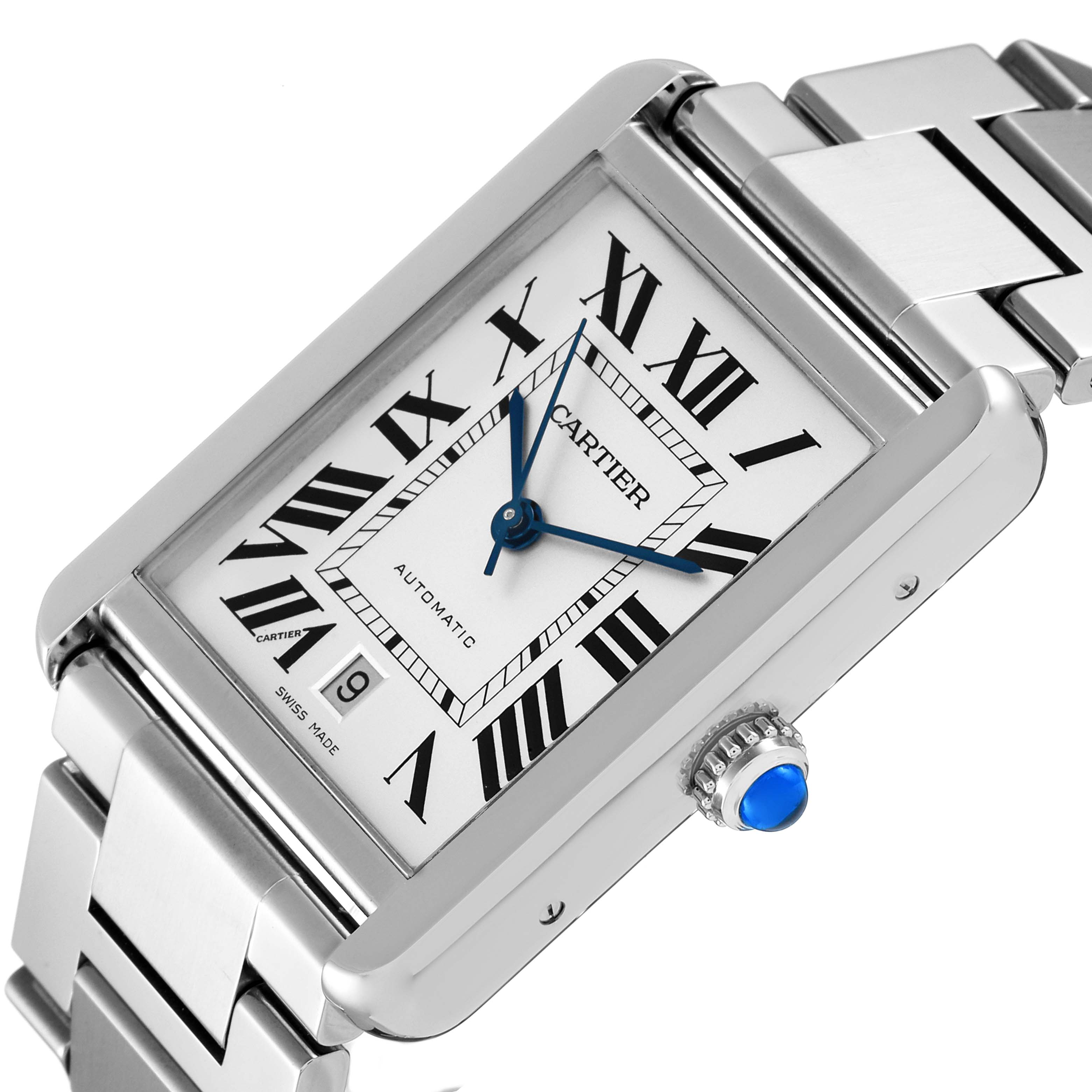 The Cartier Tank Solo W5200028 Men's Stainless Steel Silver Dial W5200028 Men's Stainless Steel Silver Dial watch is shown at an angle highlighting its rectangular face, Roman numerals, and stainless steel bracelet.