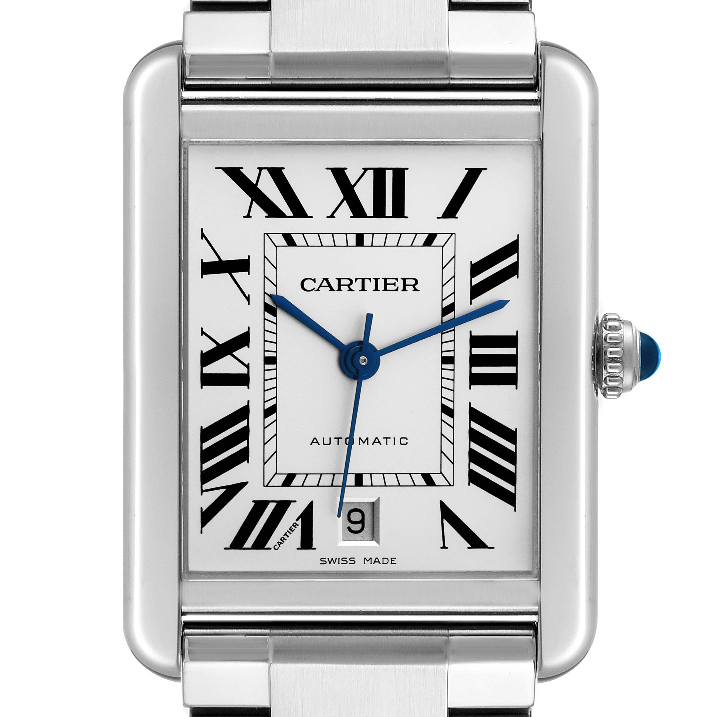 The image shows a front view of the Cartier Tank Solo W5200028 Men's Stainless Steel Silver Dial W5200028 Men's Stainless Steel Silver Dial watch, highlighting its white dial, blue hands, and Roman numerals.