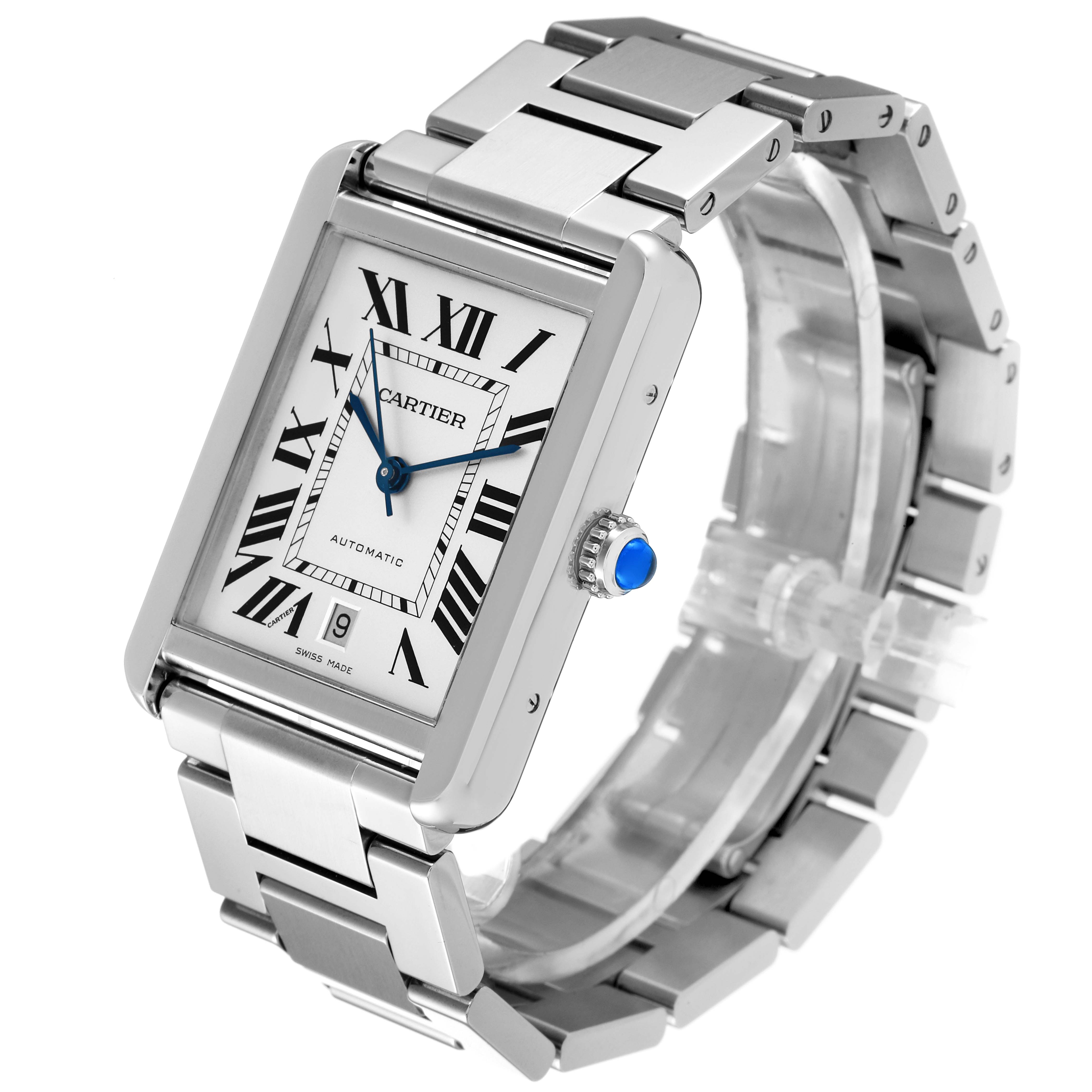 This image shows the Cartier Tank Solo W5200028 Men's Stainless Steel Silver Dial W5200028 Men's Stainless Steel Silver Dial watch from a slightly angled front perspective, highlighting its face and bracelet.