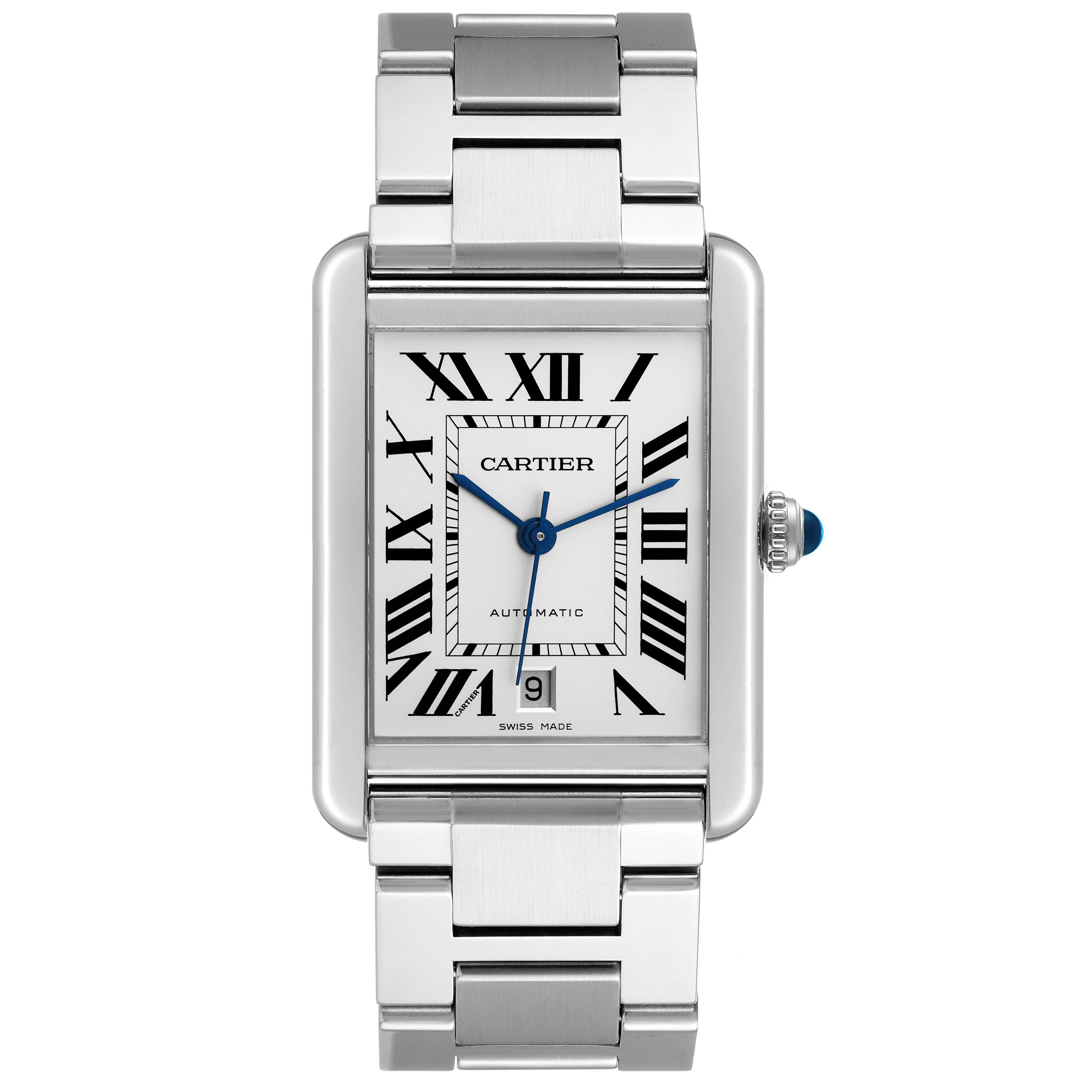 The image shows a front-facing view of a Cartier Tank Solo W5200028 Men's Stainless Steel Silver Dial W5200028 Men's Stainless Steel Silver Dial watch, displaying its rectangular face, Roman numerals, blue hands, and metal bracelet.