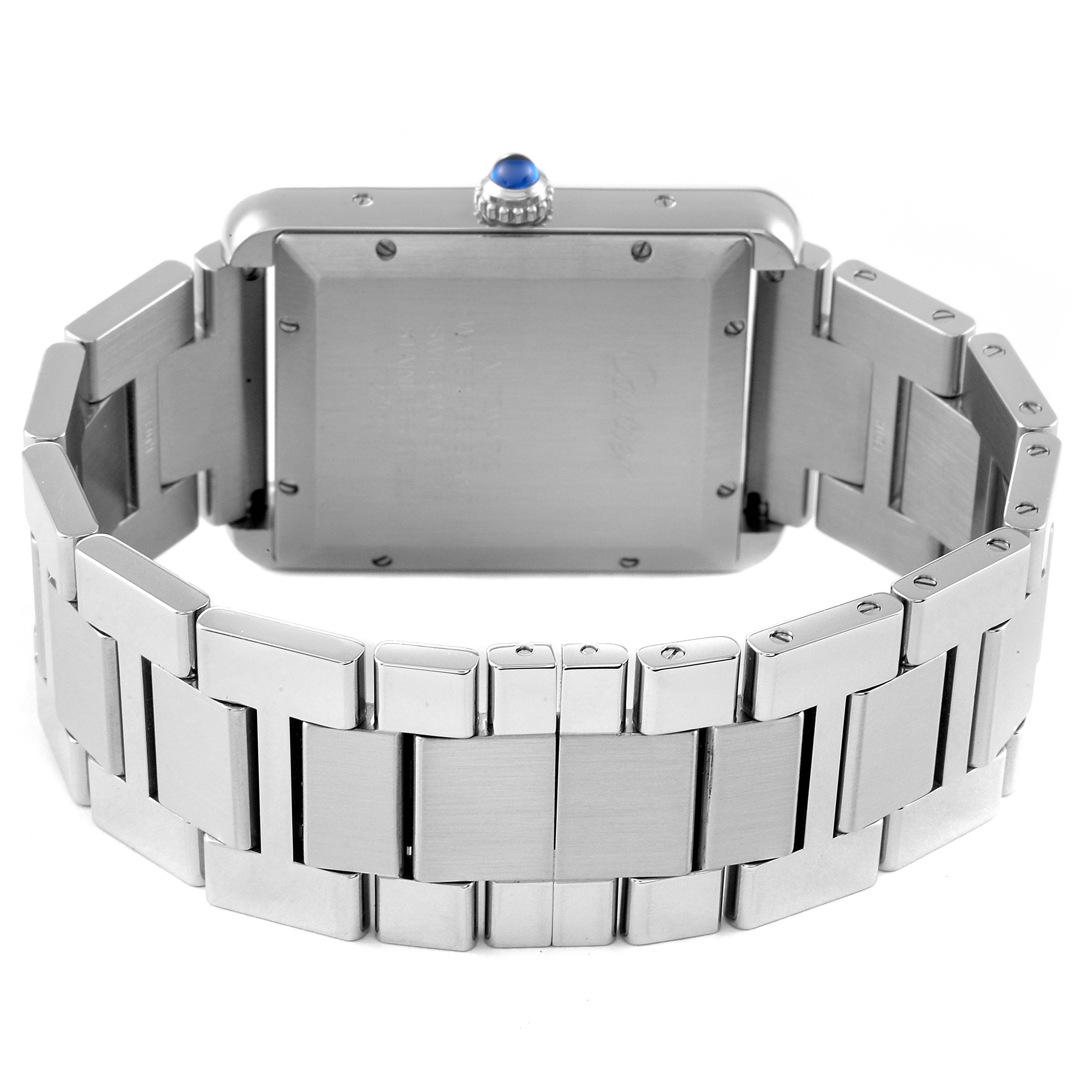 This image shows the back and bracelet of a Cartier Tank Solo W5200028 Men's Stainless Steel Silver Dial W5200028 Men's Stainless Steel Silver Dial watch from a rear angle.