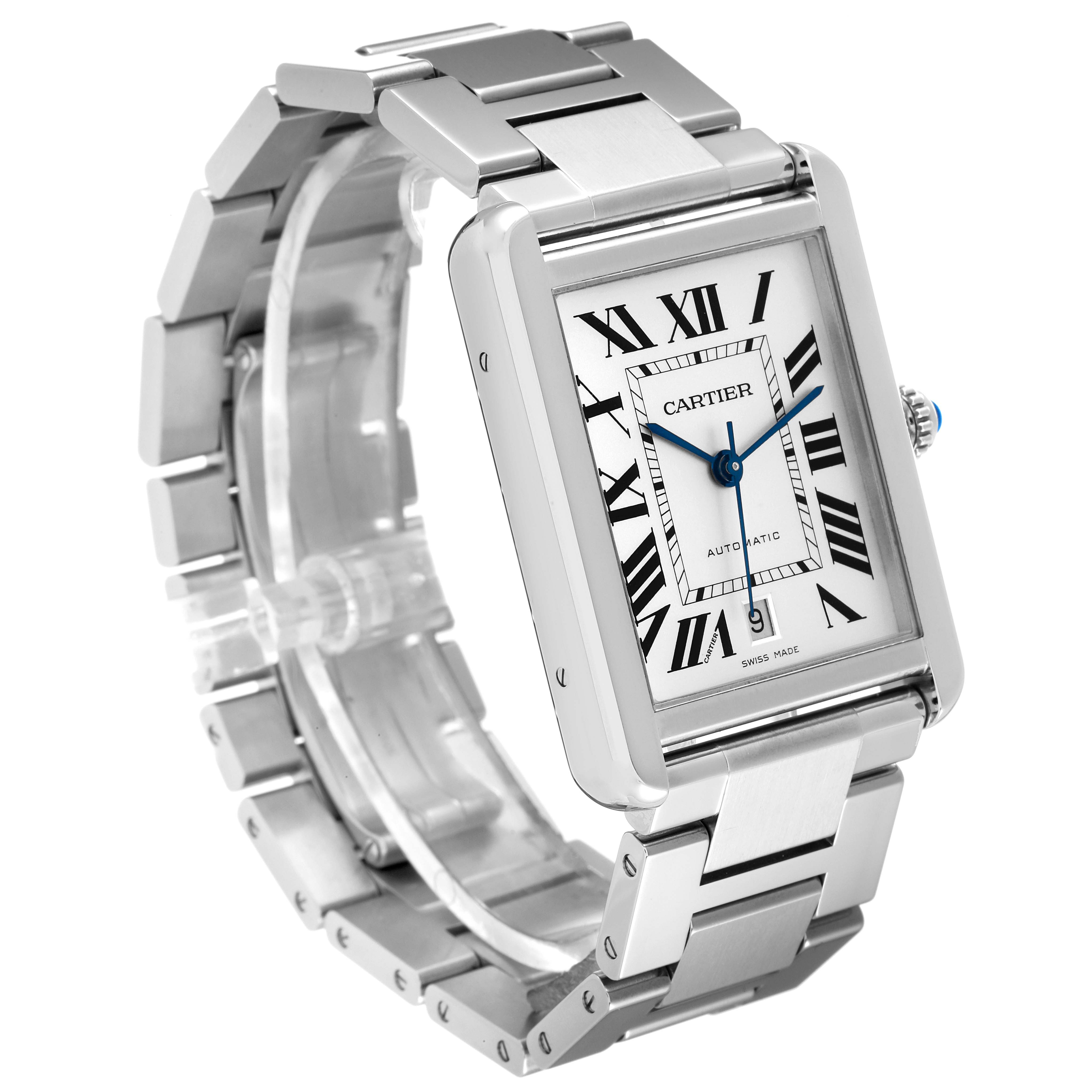 The image shows a Tank Solo model by Cartier from an angled front view, displaying the face and metal band.