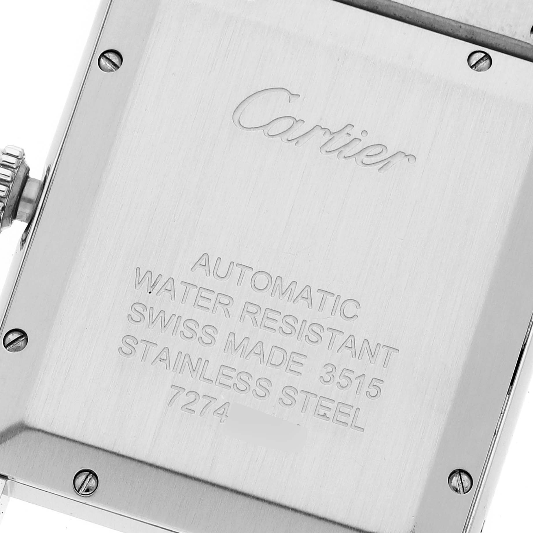 This image shows the back case of the Cartier Tank Solo W5200028 Men's Stainless Steel Silver Dial W5200028 Men's Stainless Steel Silver Dial watch, highlighting the brand's engraving and technical specifications.