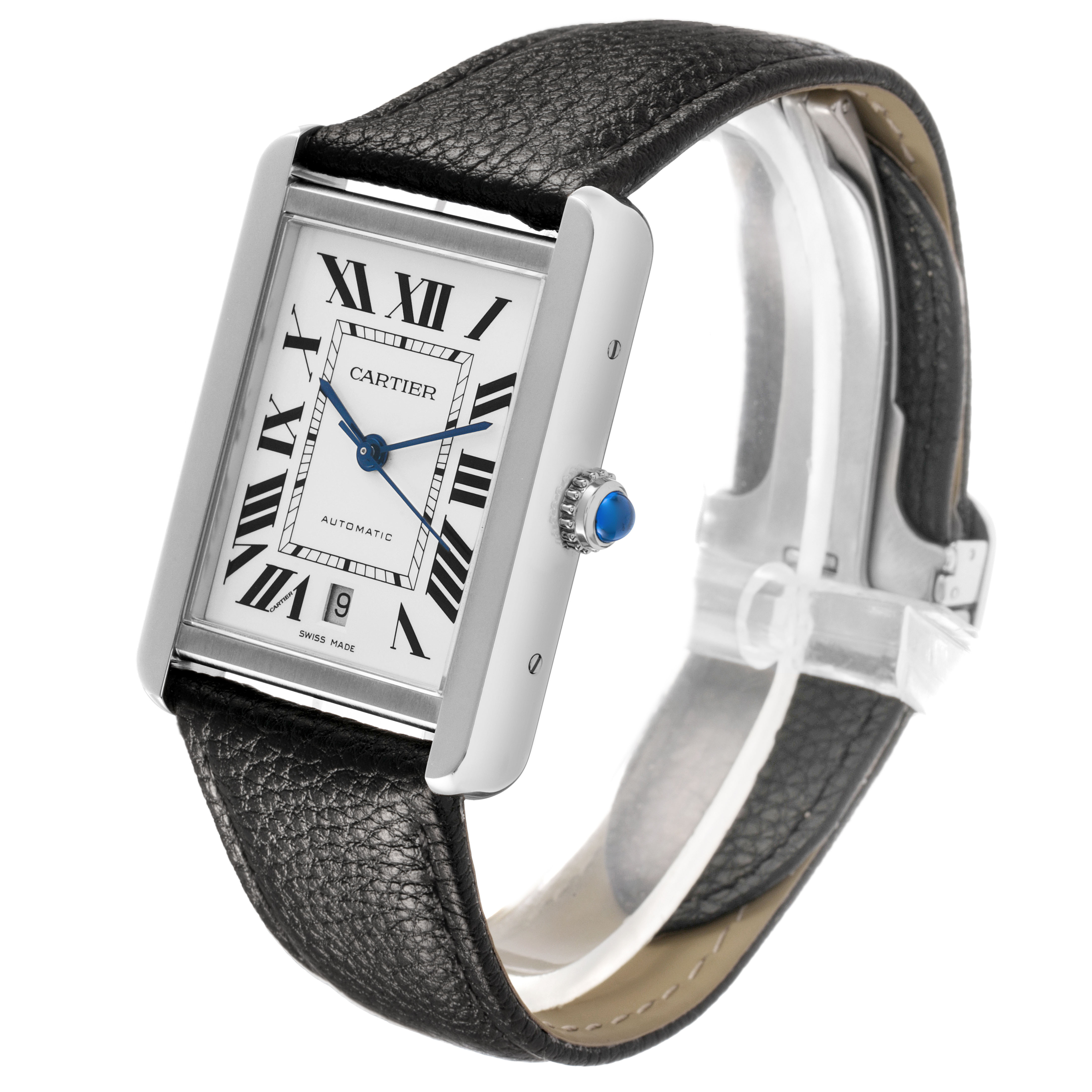 The Cartier Tank Solo 84588 Men's Stainless Steel Silver Dial watch is shown at an angled side view, highlighting its rectangular face, Roman numerals, and leather strap.