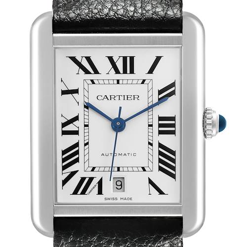 The Cartier Tank Solo 84588 Men's Stainless Steel Silver Dial watch is shown from a front view highlighting its dial, Roman numerals, and blue hands.