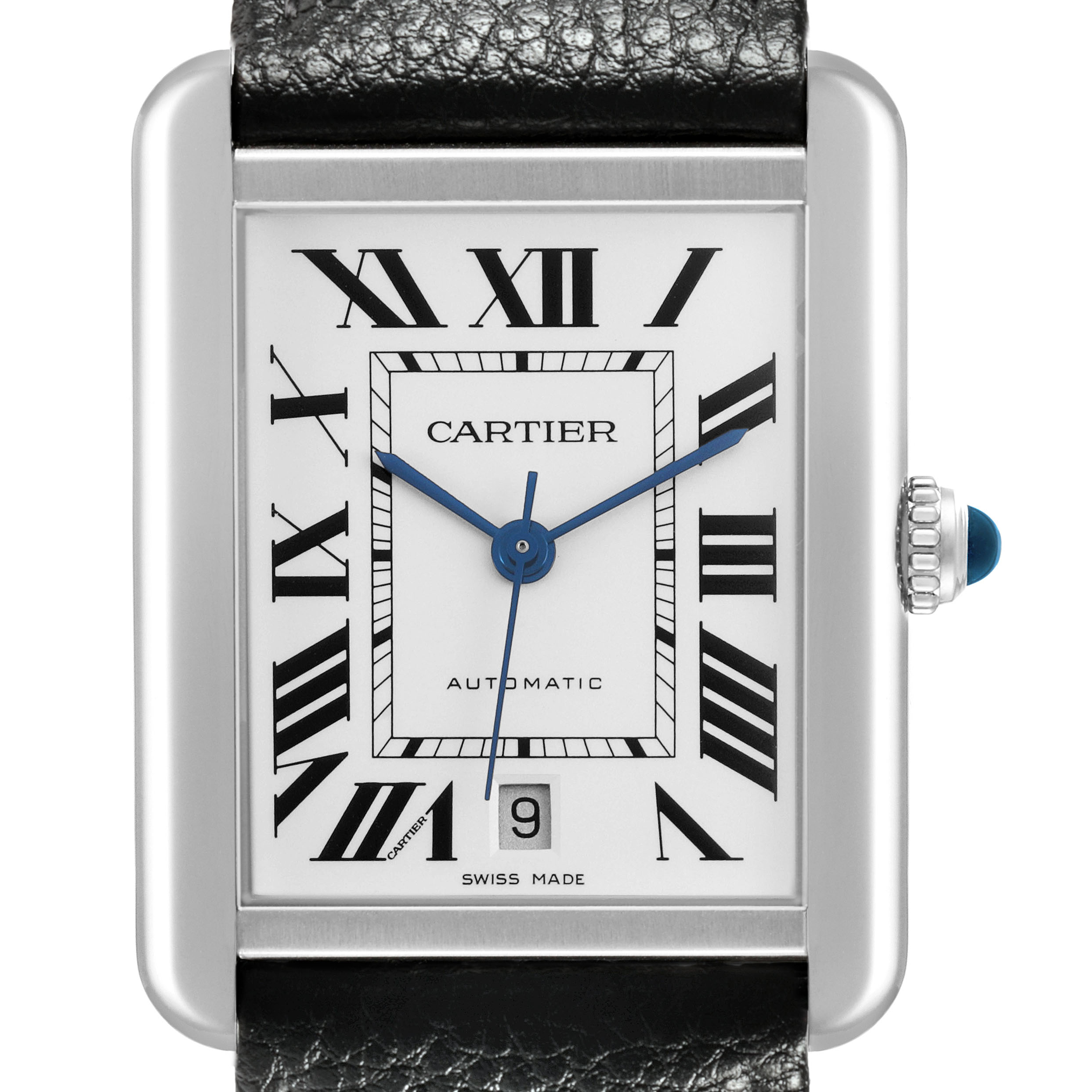 The image shows a front view of the Cartier Tank Solo 84588 Men's Stainless Steel Silver Dial watch, displaying its face, Roman numerals, hands, and crown.