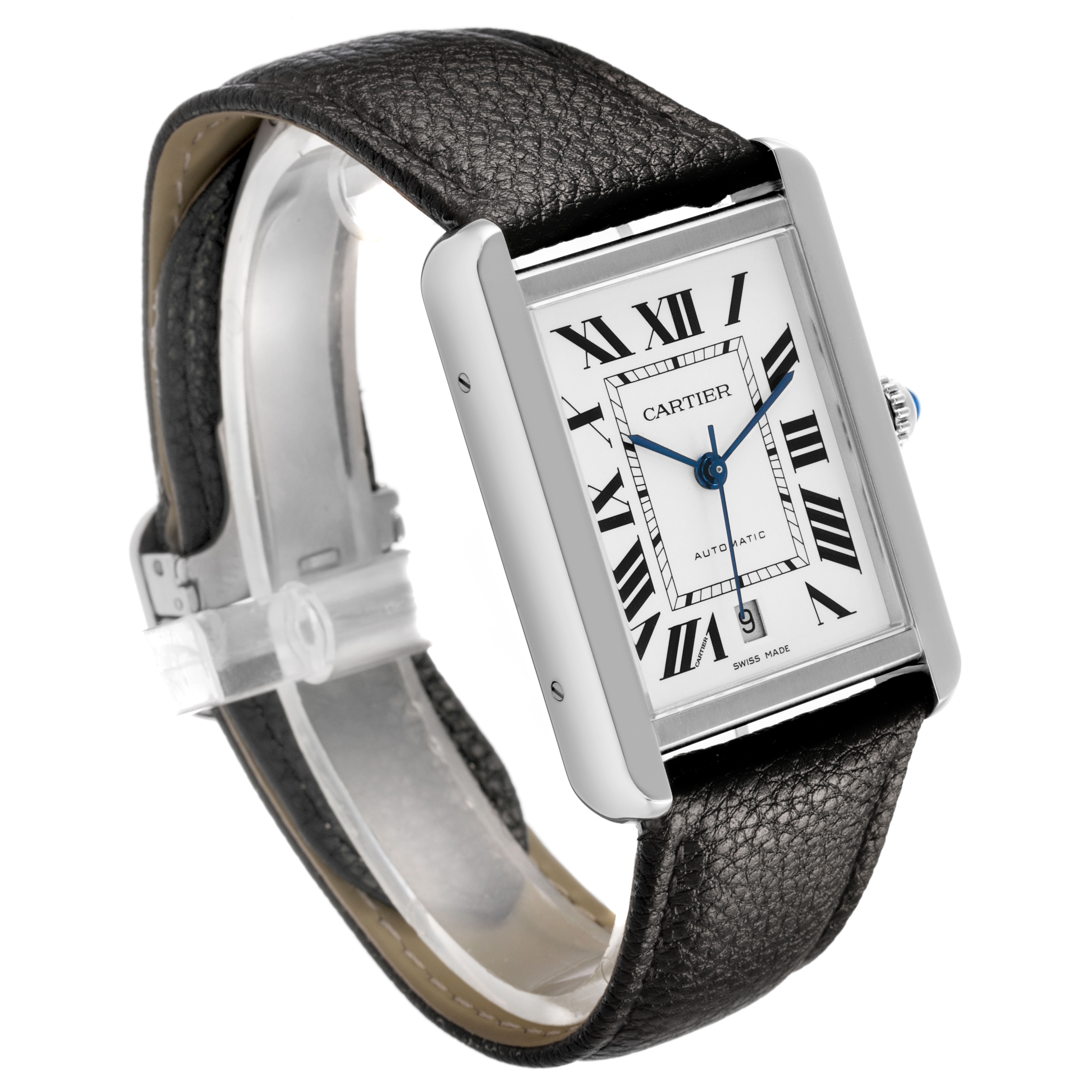 The Cartier Tank Solo 84588 Men's Stainless Steel Silver Dial watch is shown at a three-quarter angle, highlighting its rectangular face, Roman numerals, and leather strap.