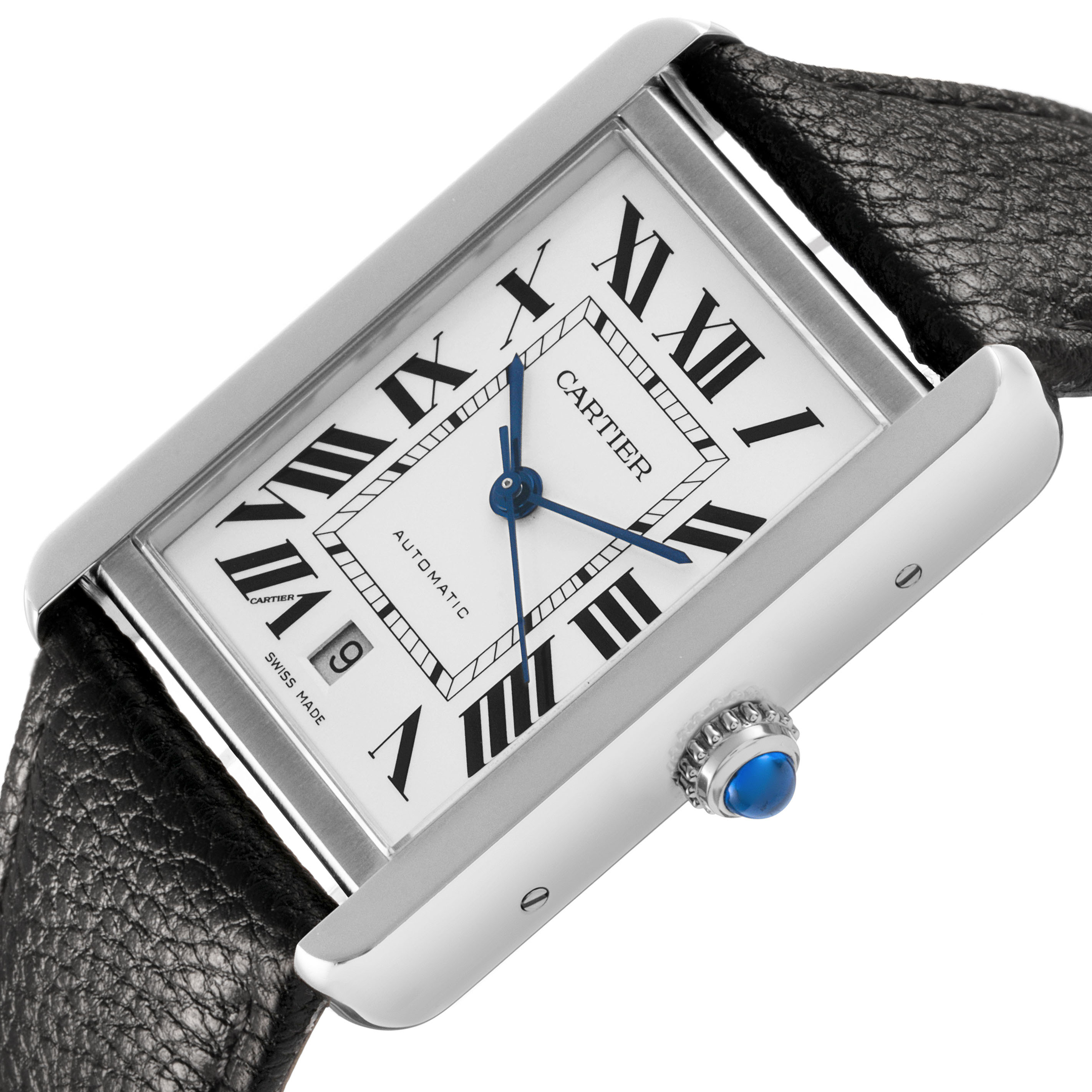 The Cartier Tank Solo 84588 Men's Stainless Steel Silver Dial watch is shown from a front angle, displaying the face, crown, and part of the leather strap.